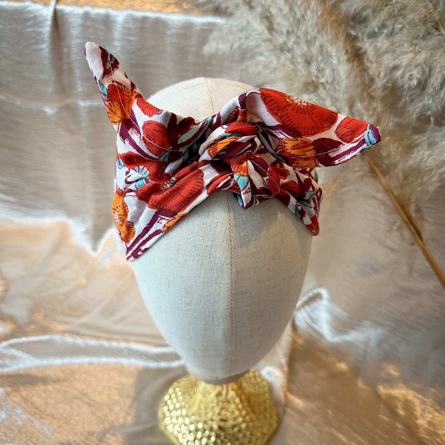 Wired floral block print headband - white/orange