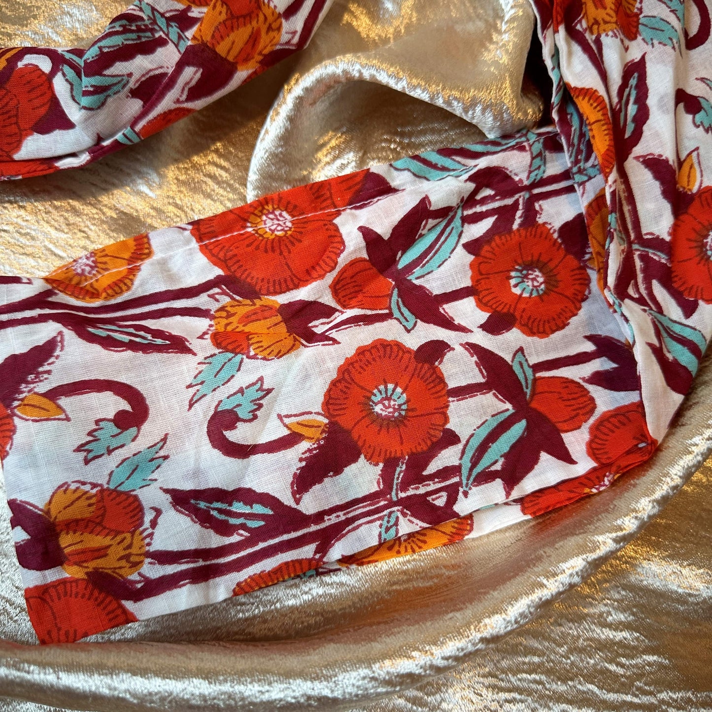 Wired floral block print headband - white/orange