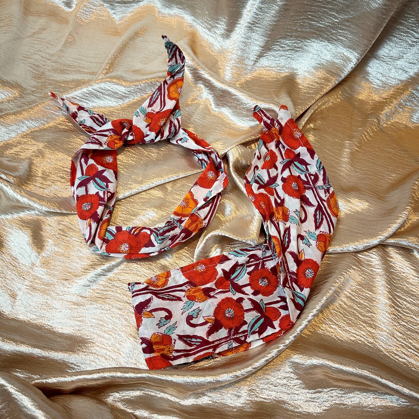 Wired floral block print headband - white/orange