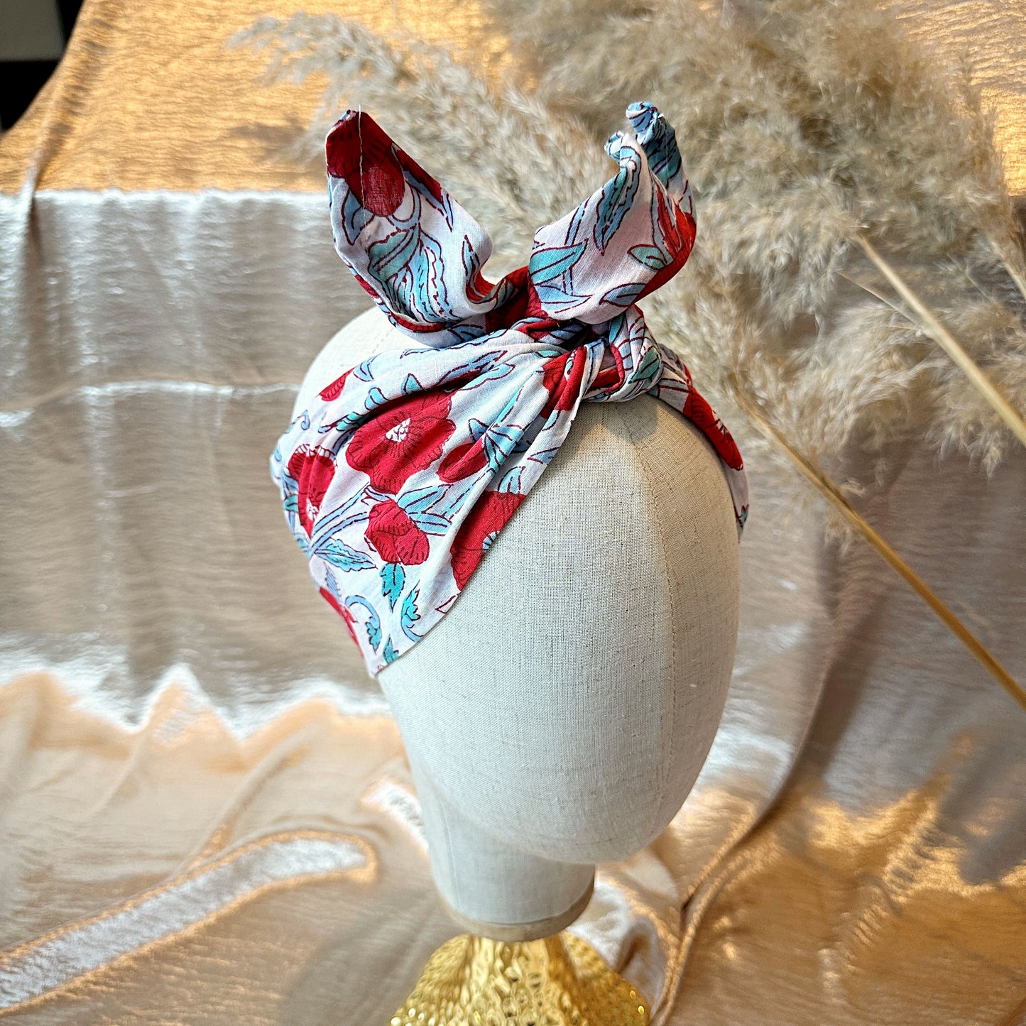 Wired floral block print headband - blue/red