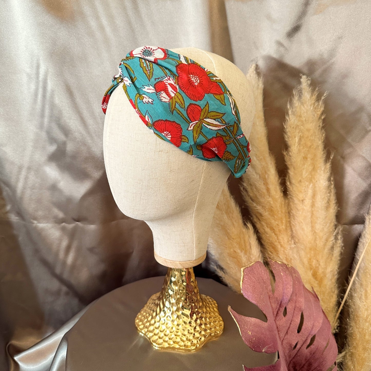 Boho stretchy turban headband in turquoise cotton floral print