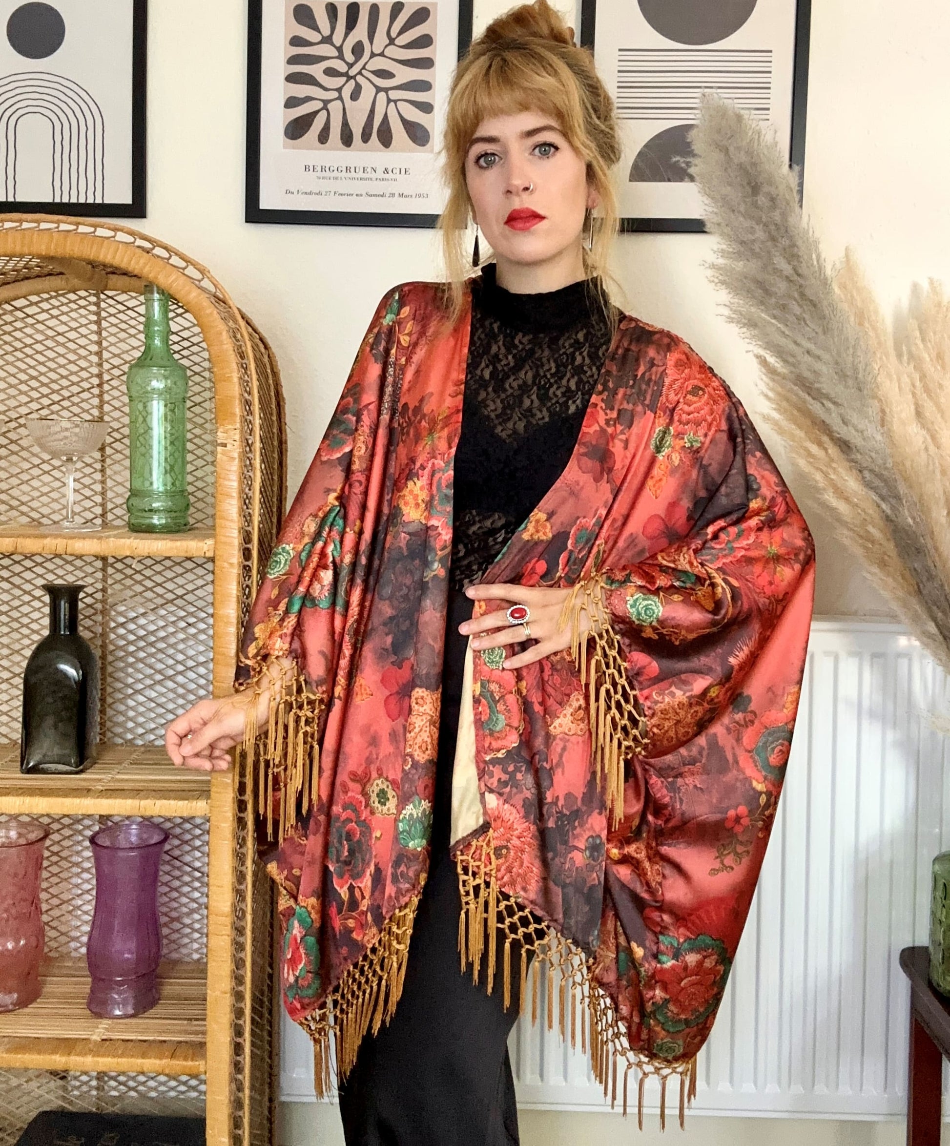 boho satin fringe kimono