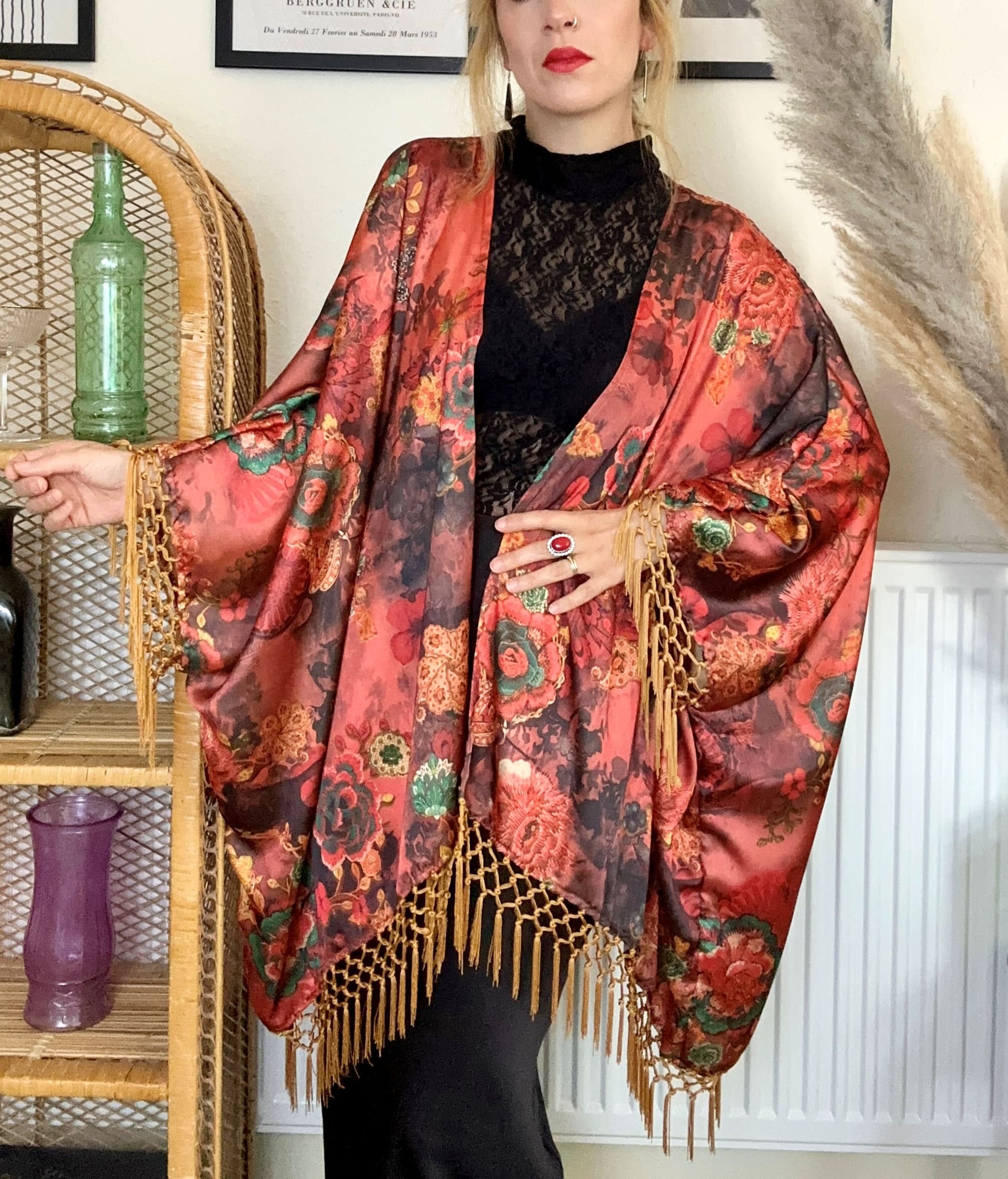 boho satin fringe kimono