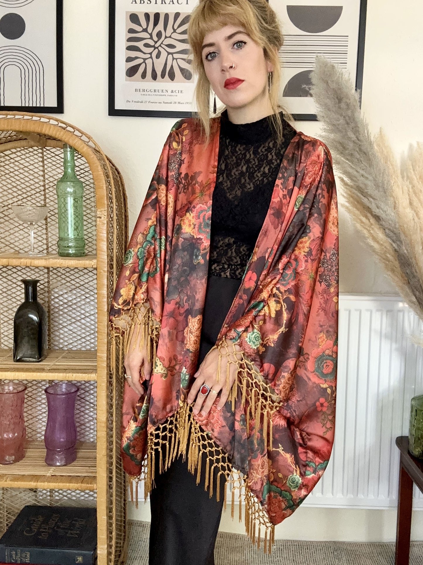 boho satin fringe kimono