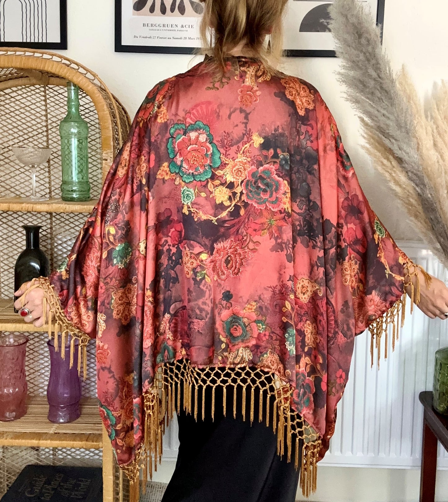 boho satin fringe kimono