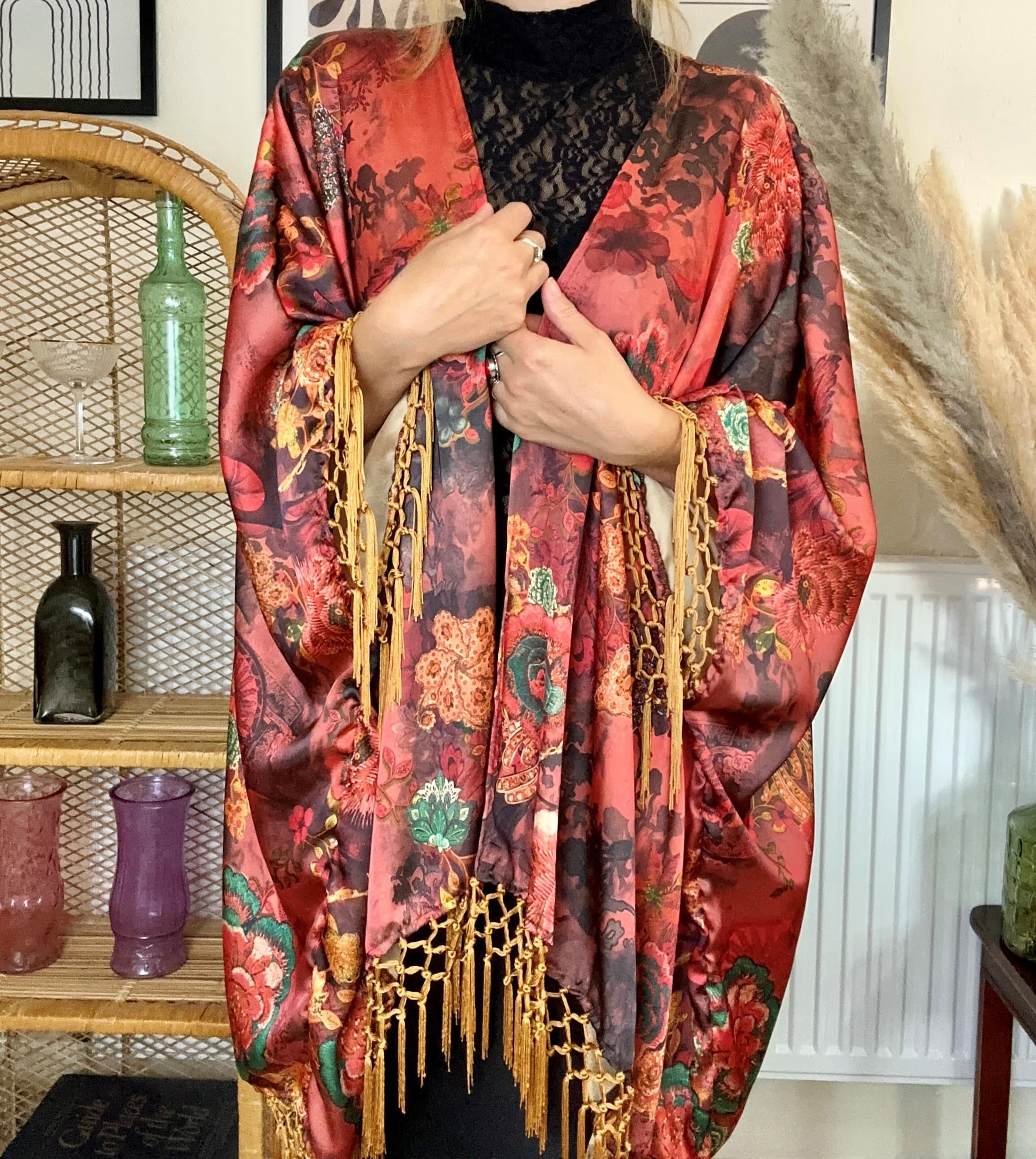 boho satin fringe kimono