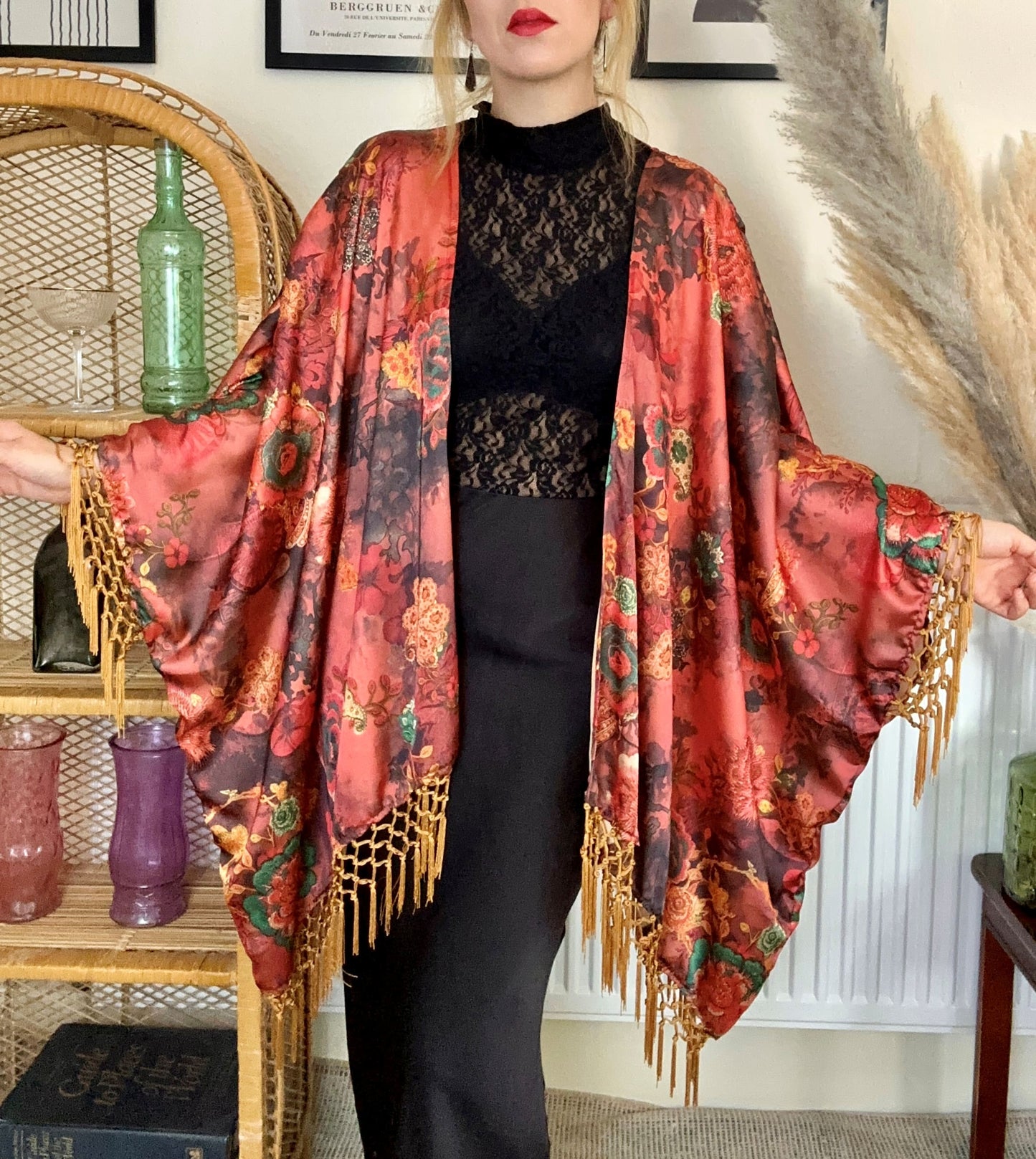 boho satin fringe kimono