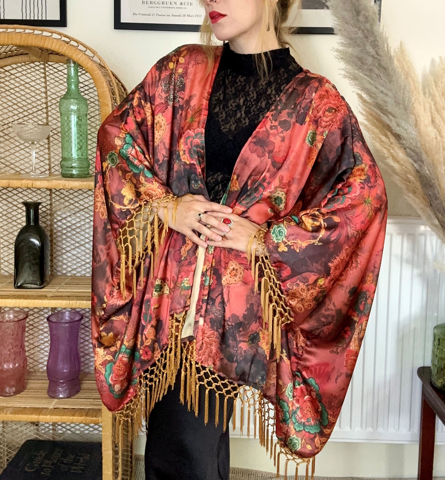 boho satin fringe kimono