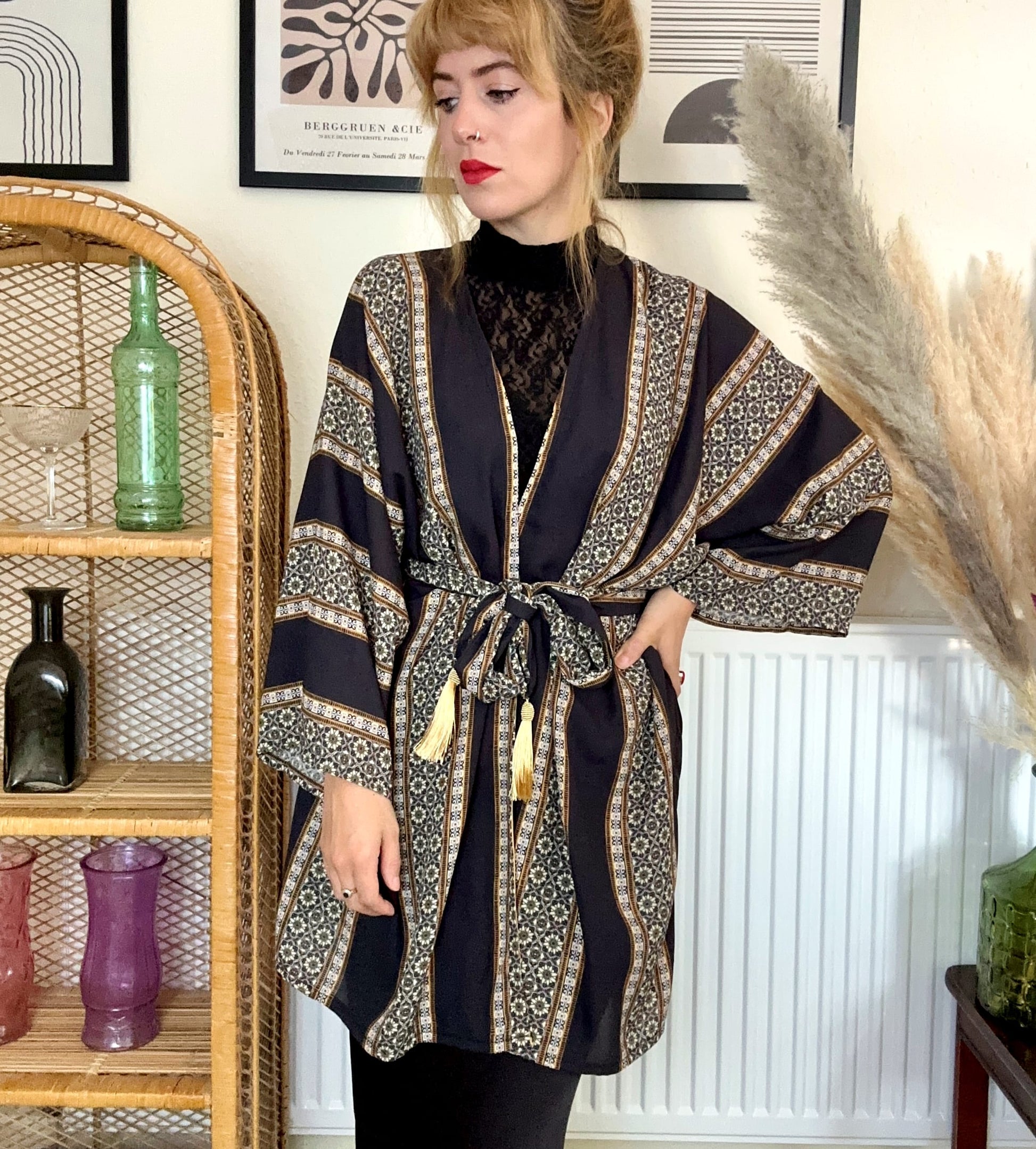 black boho striped kimono