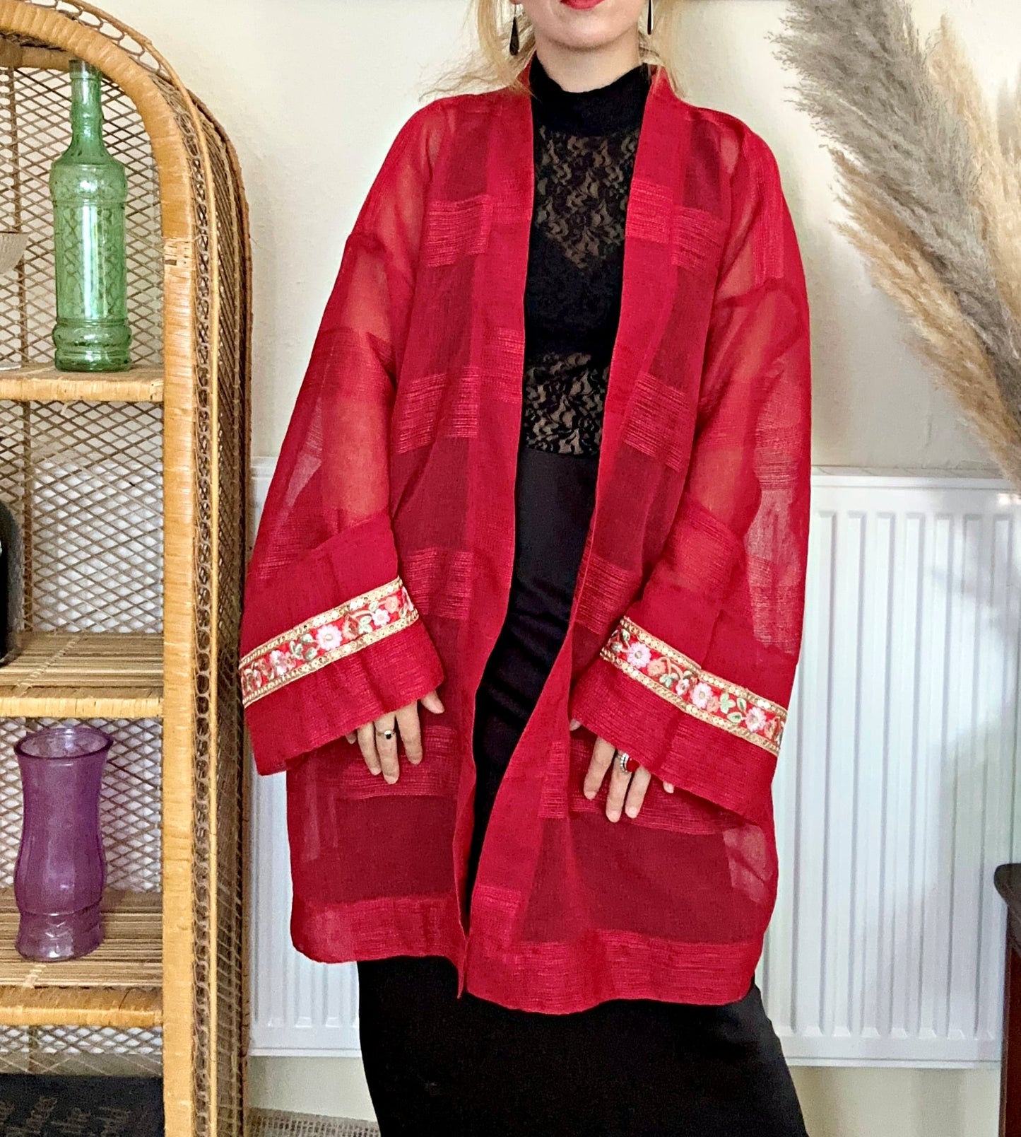 Red net sheer embroidered kimono