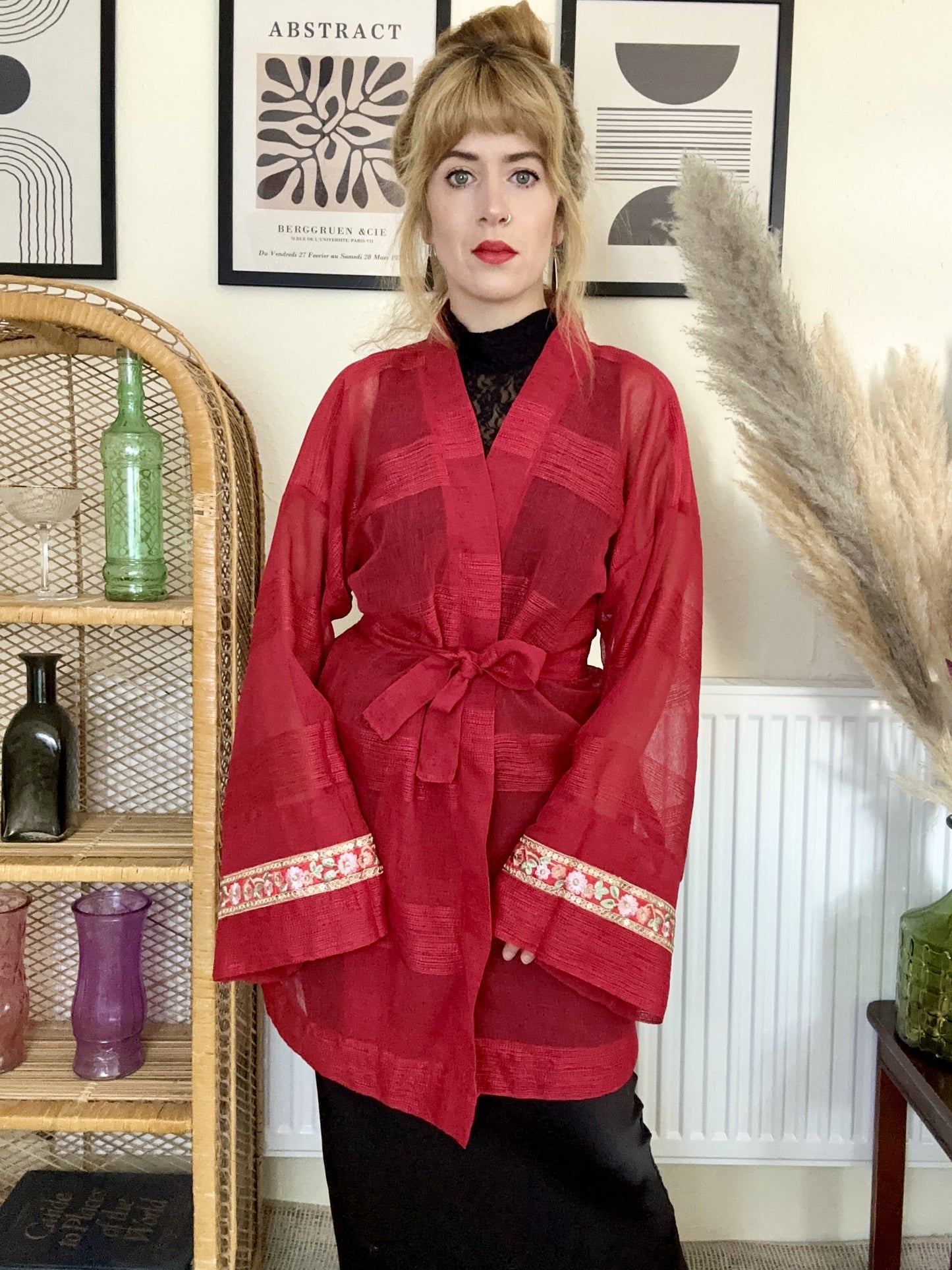 Red net sheer embroidered kimono