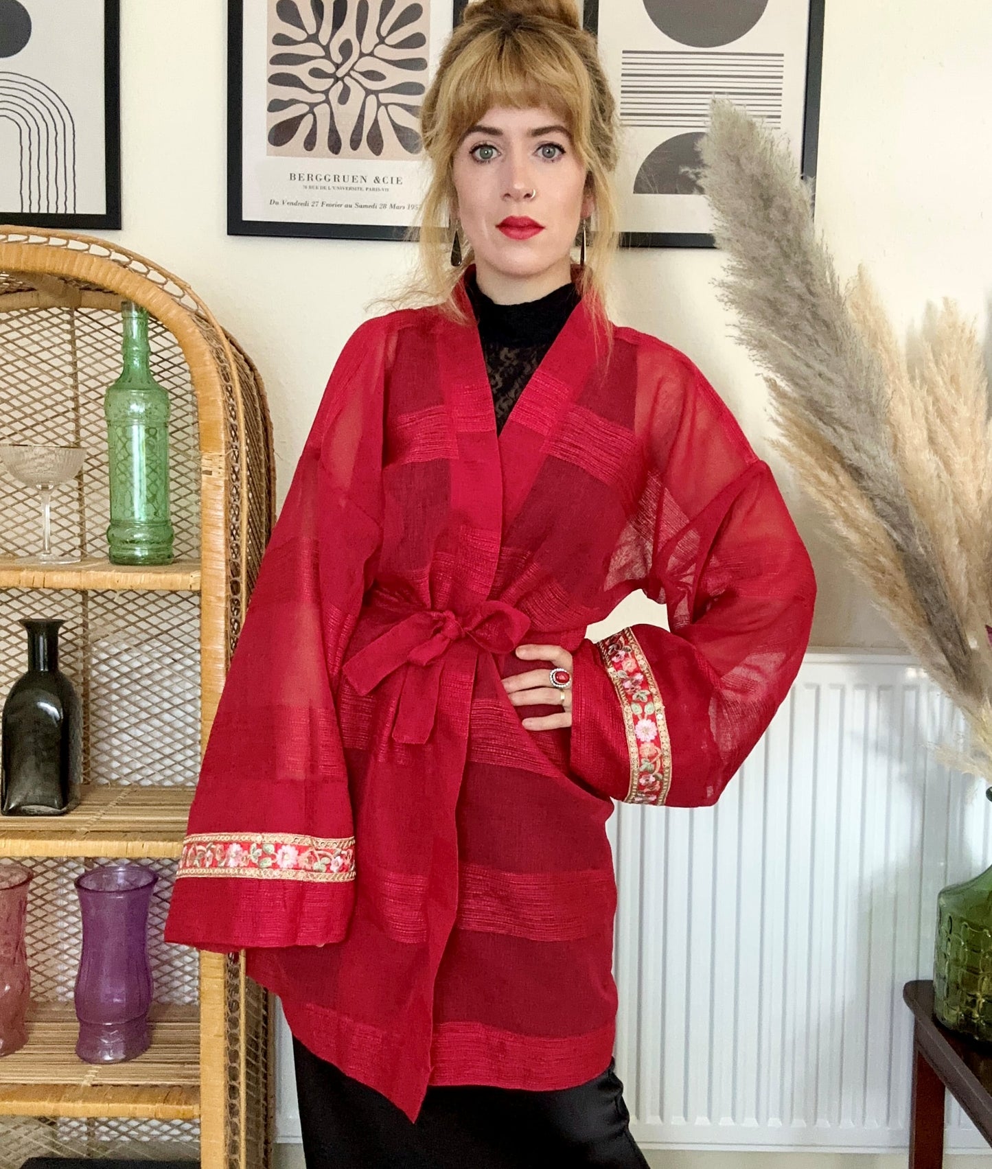 Red net sheer embroidered kimono