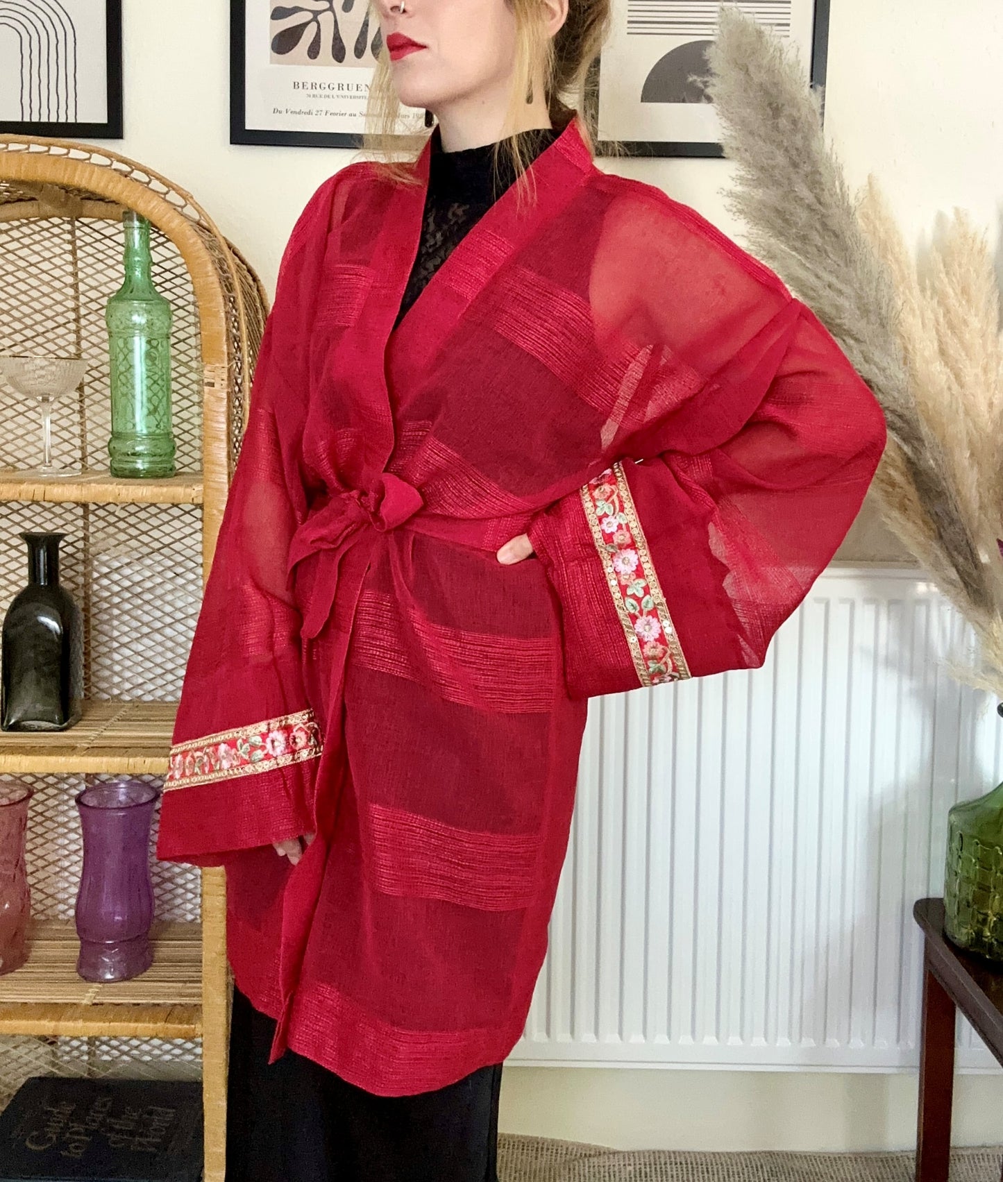 Red net sheer embroidered kimono