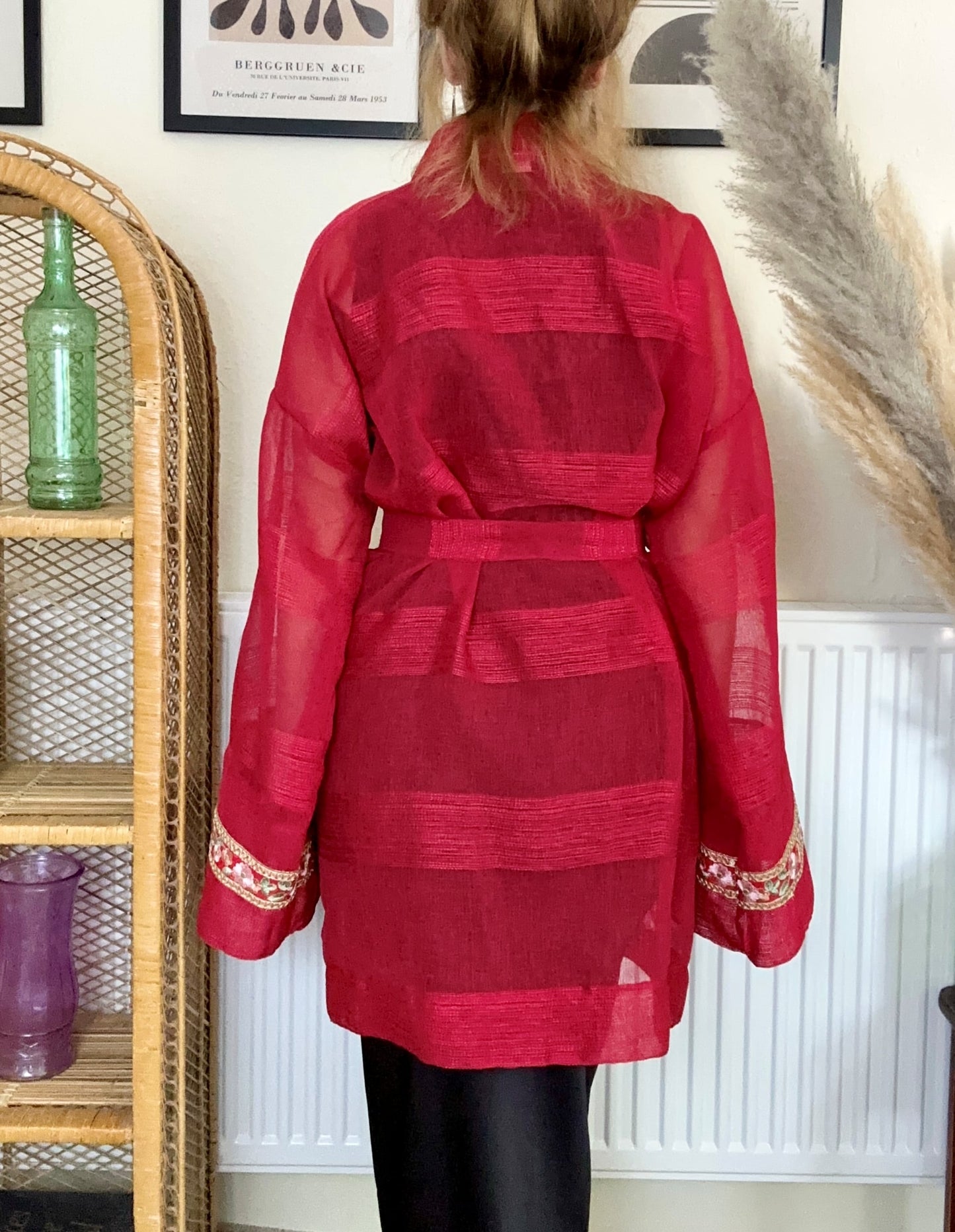 Red net sheer embroidered kimono