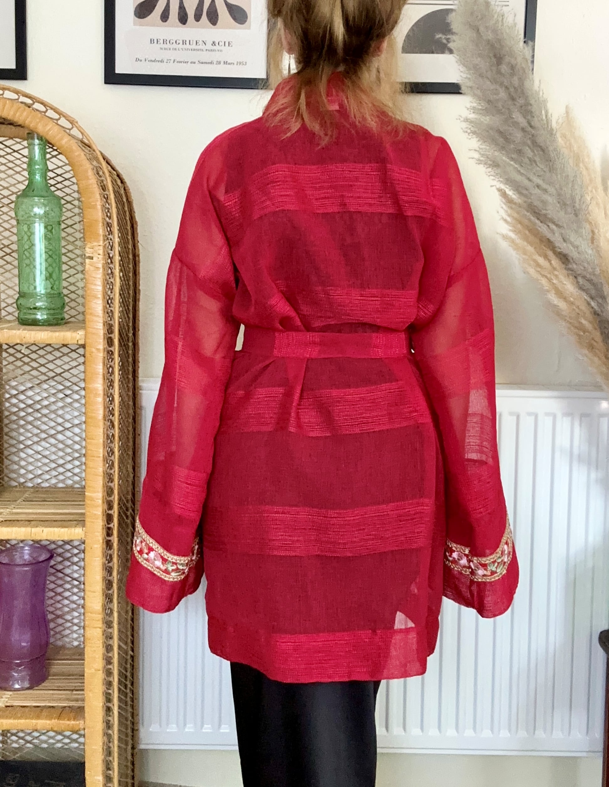 Red net sheer embroidered kimono