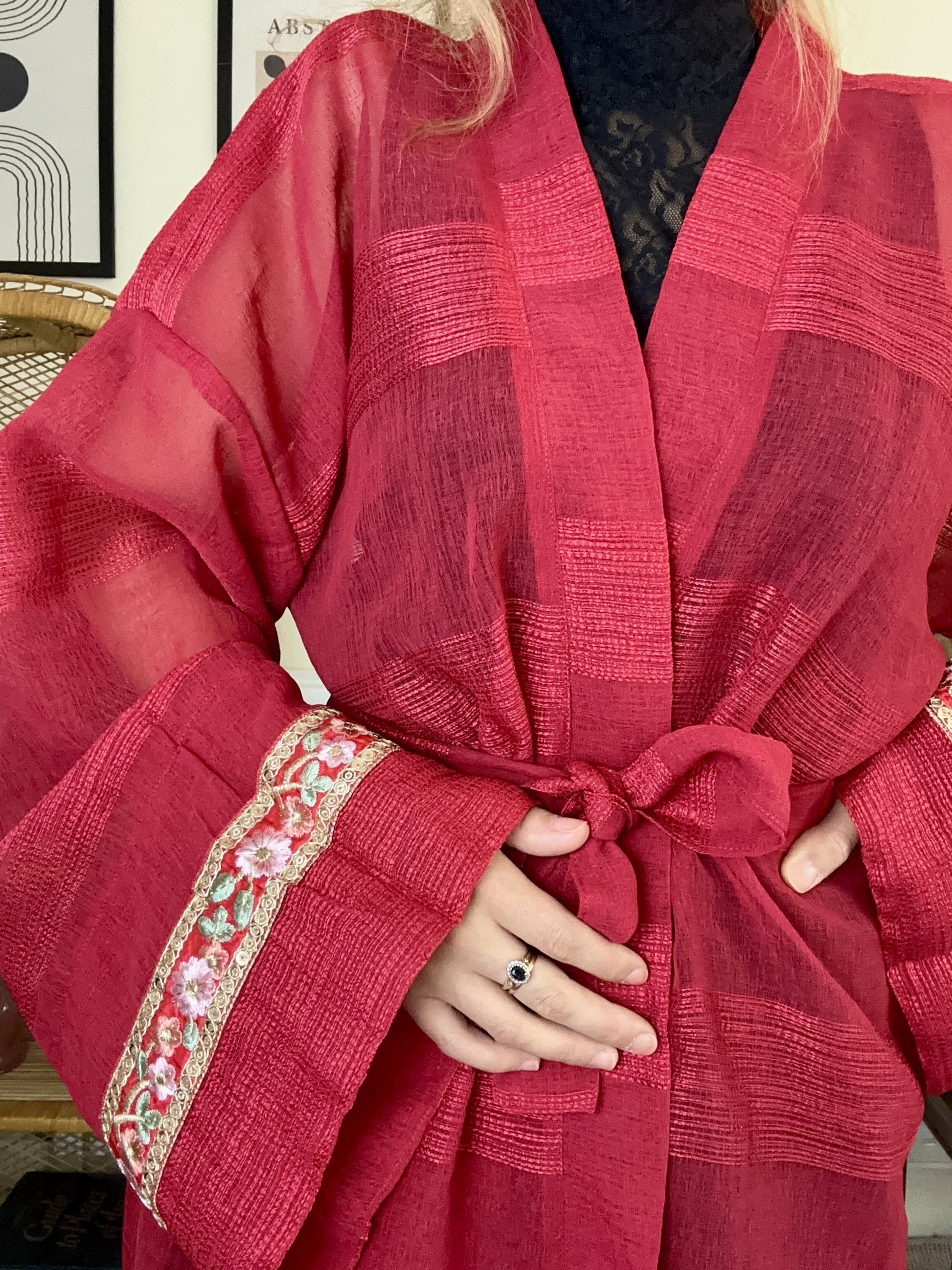 Red net sheer embroidered kimono