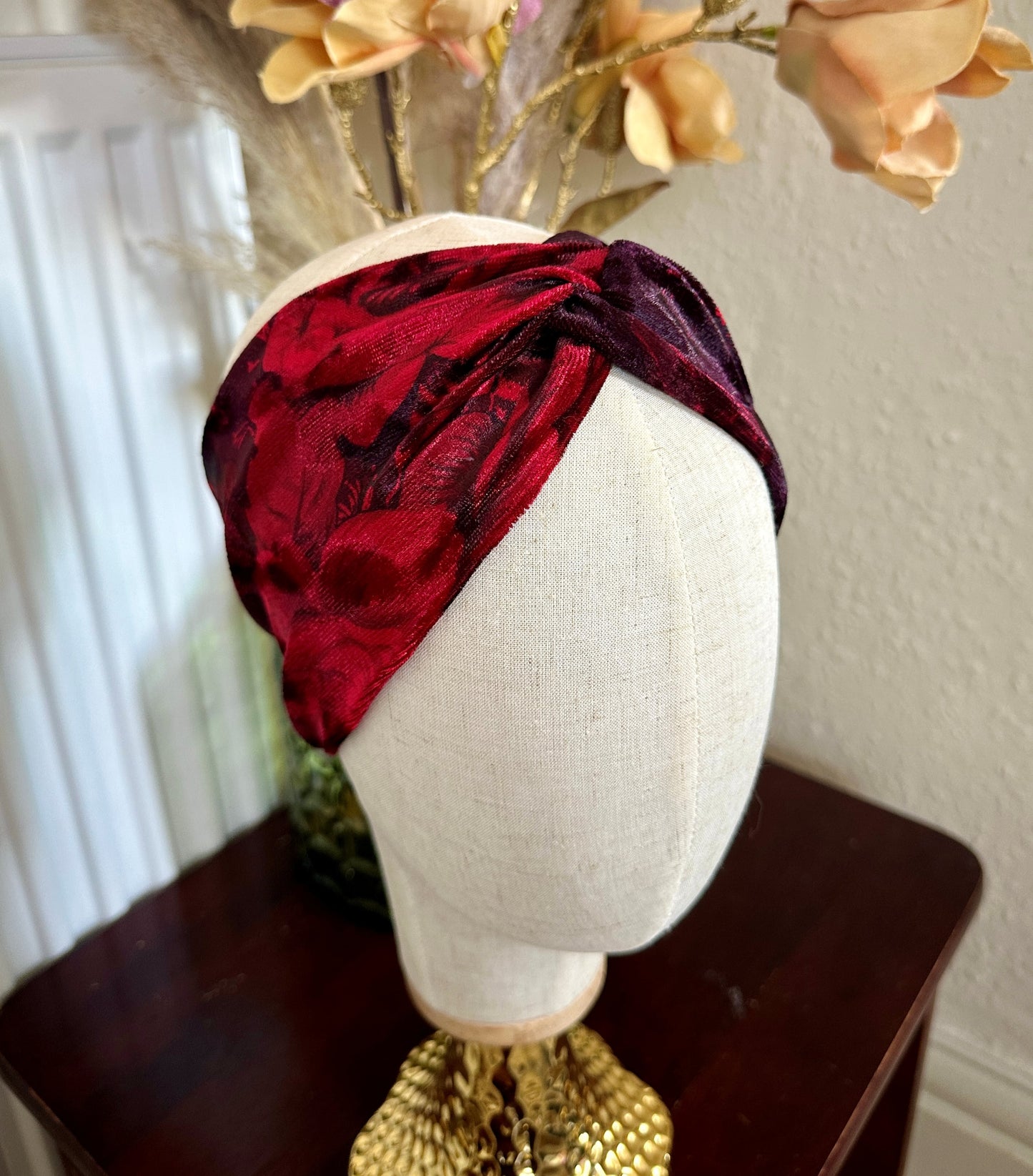 Velvet turban twist knot headband - black/red