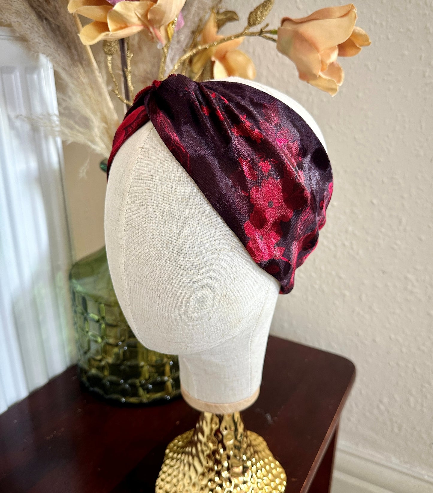 Velvet turban twist knot headband - black/red