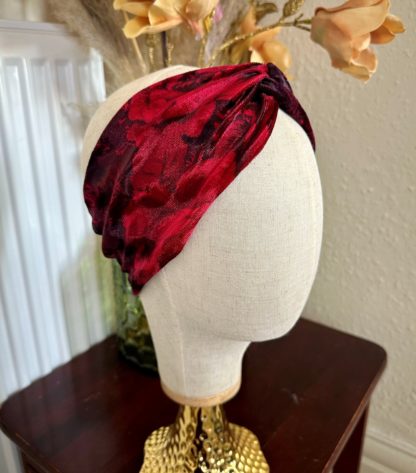 Velvet turban twist knot headband - black/red