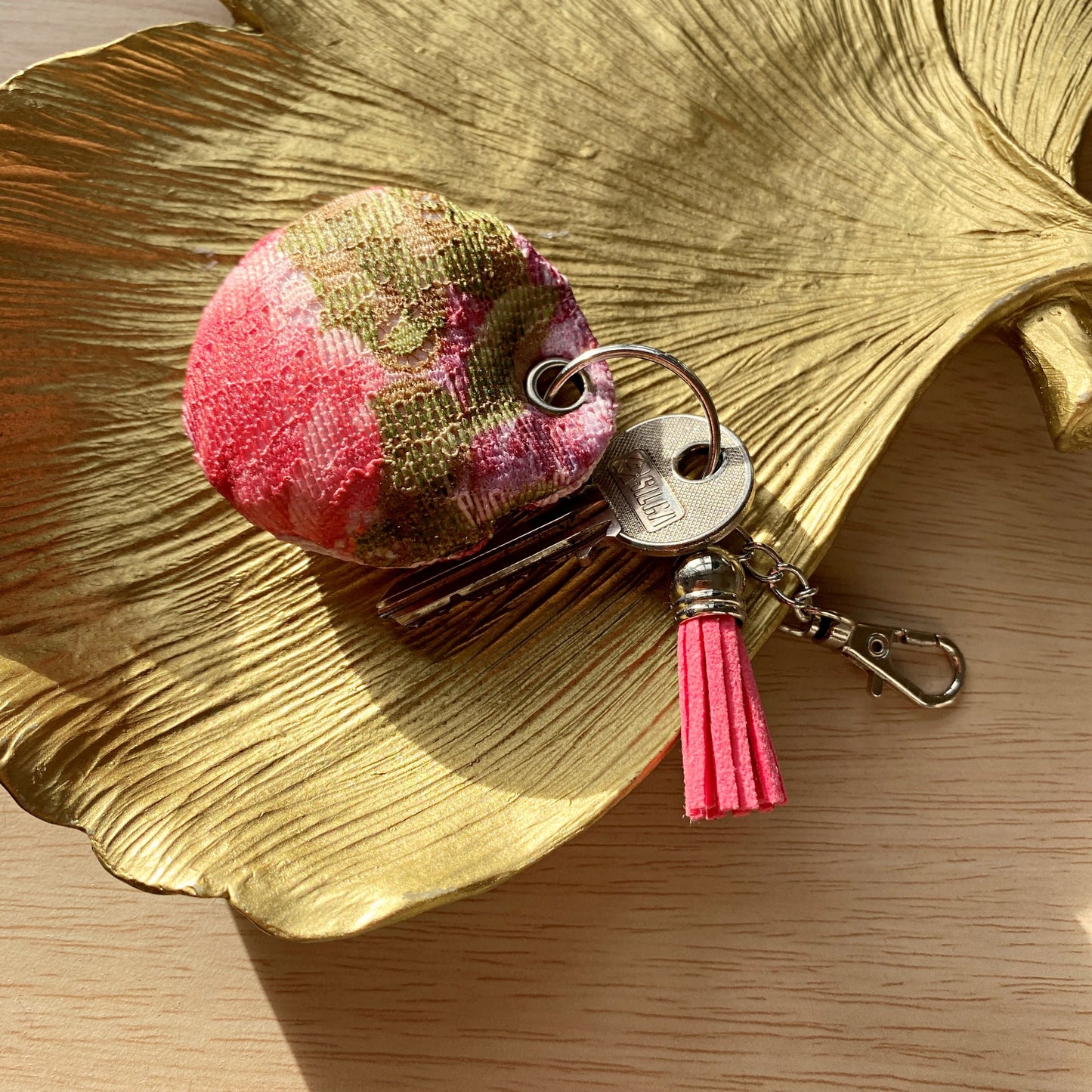 Pink floral padded keyring