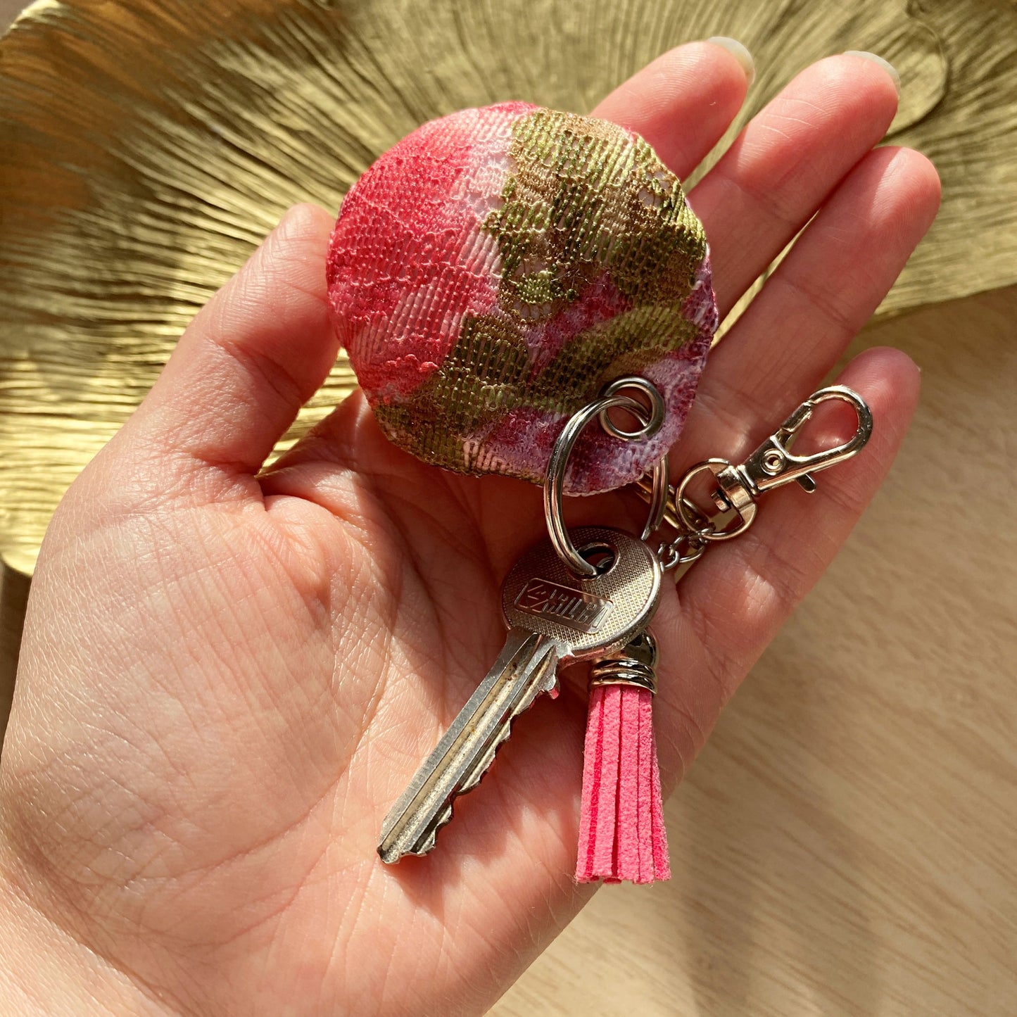 Pink floral padded keyring