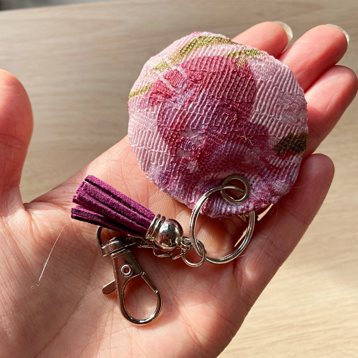 Pink floral padded keyring