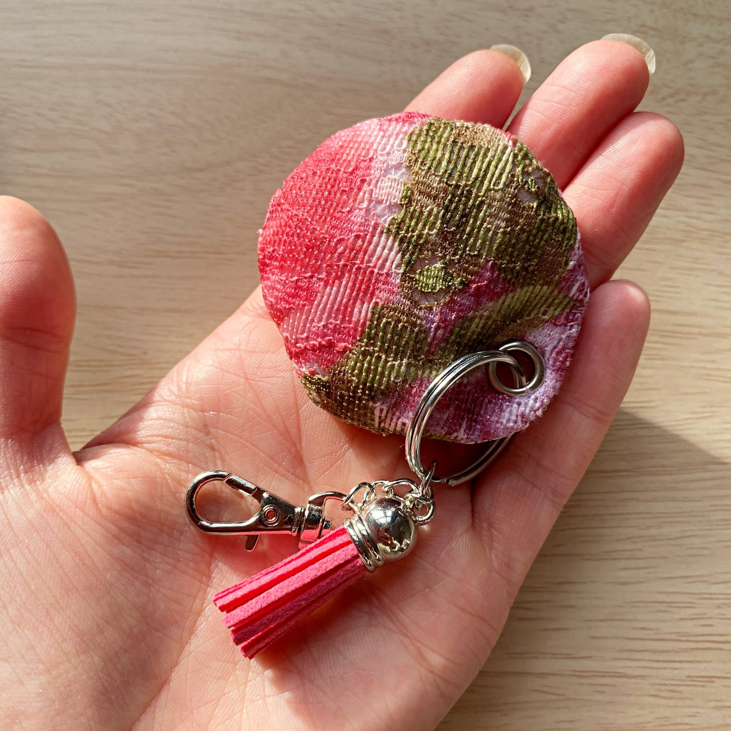 Pink floral padded keyring