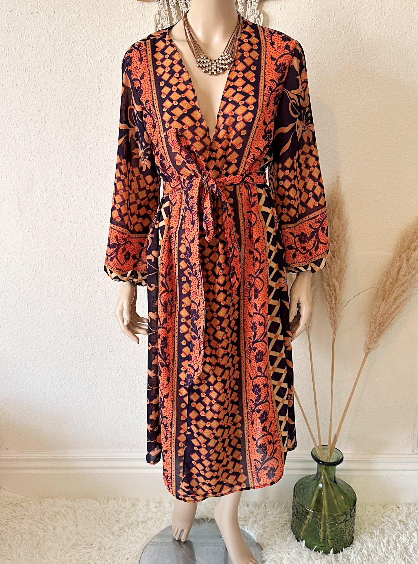 Boho print chiffon midi kimono wrap UK 10-14