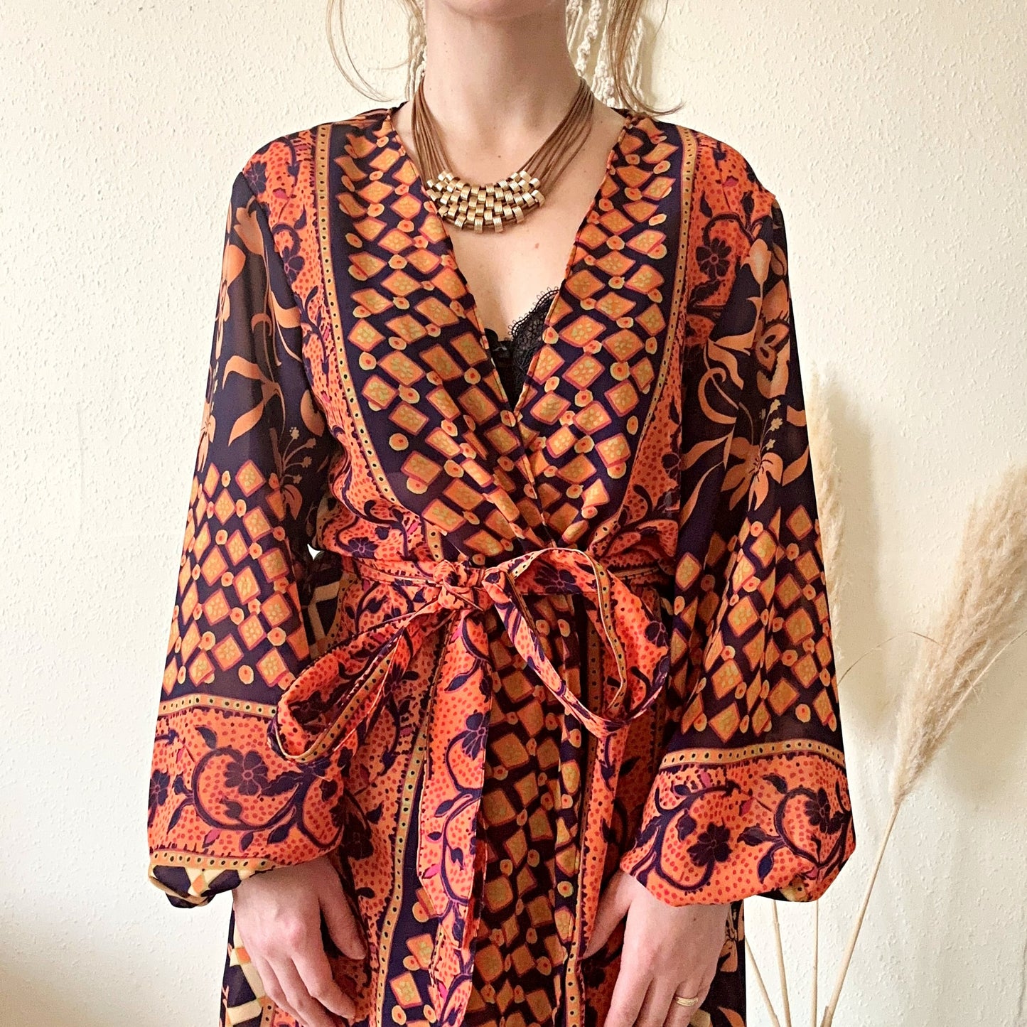 Boho print chiffon midi kimono wrap UK 10-14