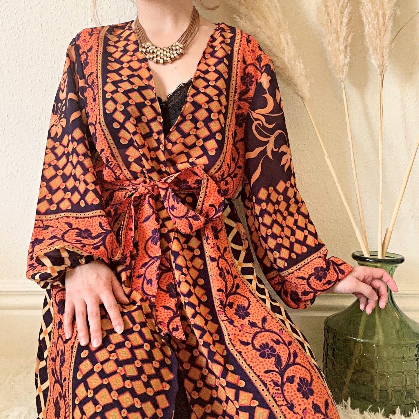 Boho print chiffon midi kimono wrap UK 10-14