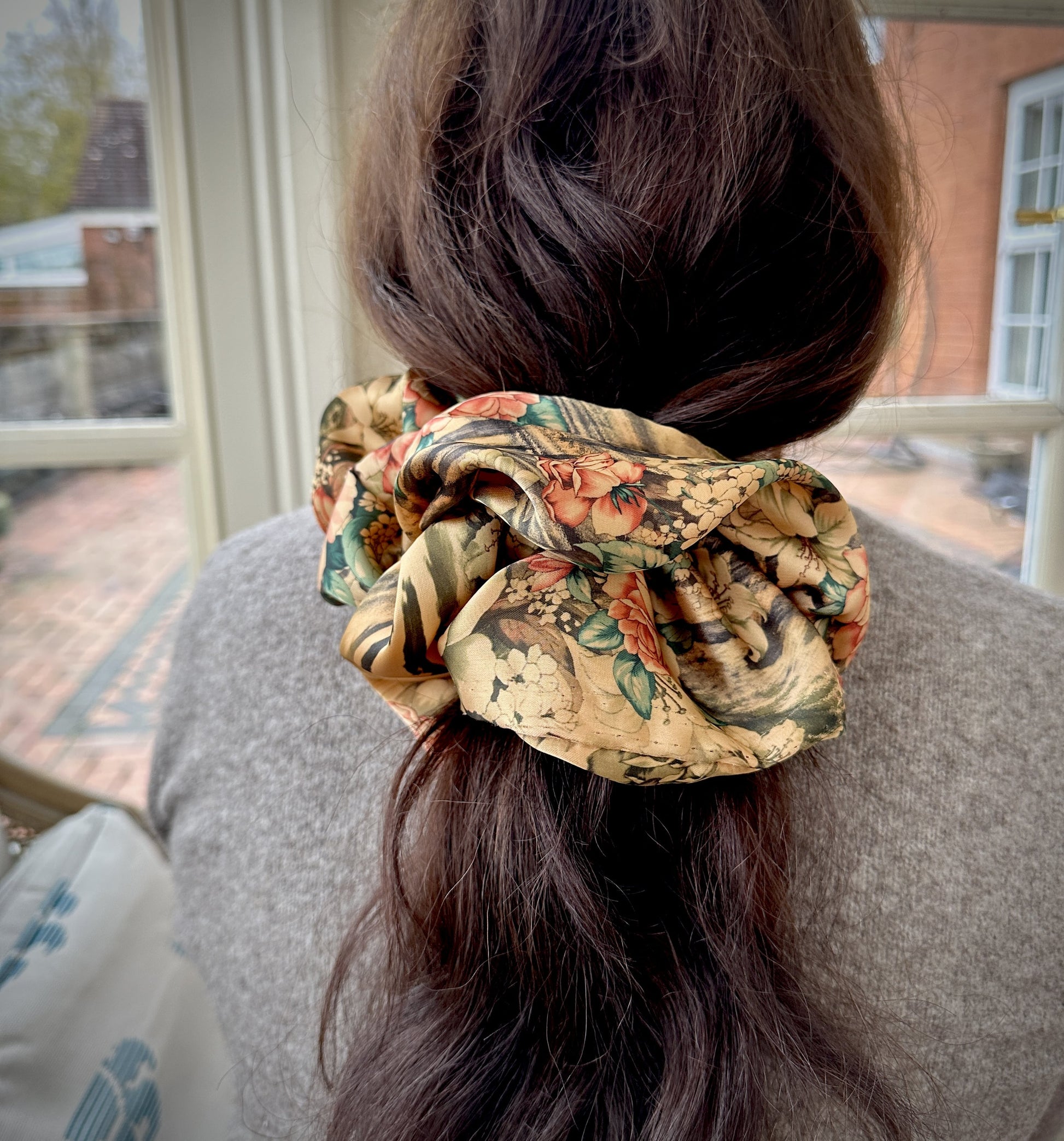 Giant satin hair scrunchie in floral/animal print