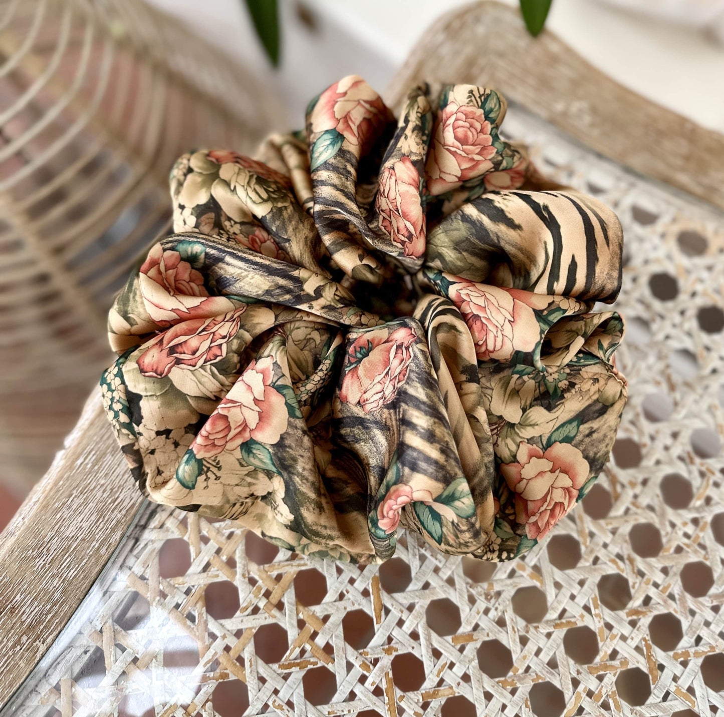 Giant satin hair scrunchie in floral/animal print