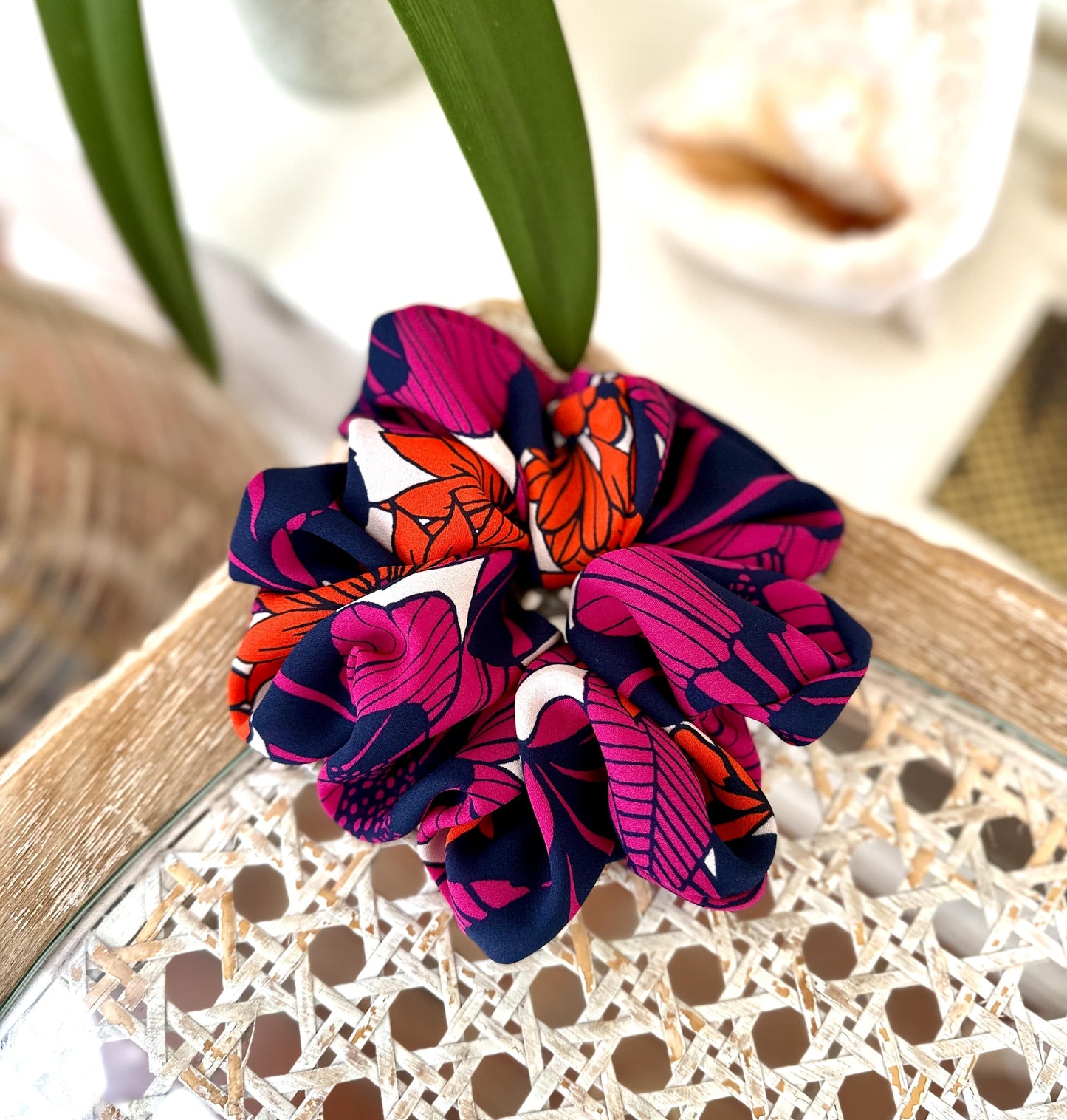 Large floral print hair scrunchie in pink and orange