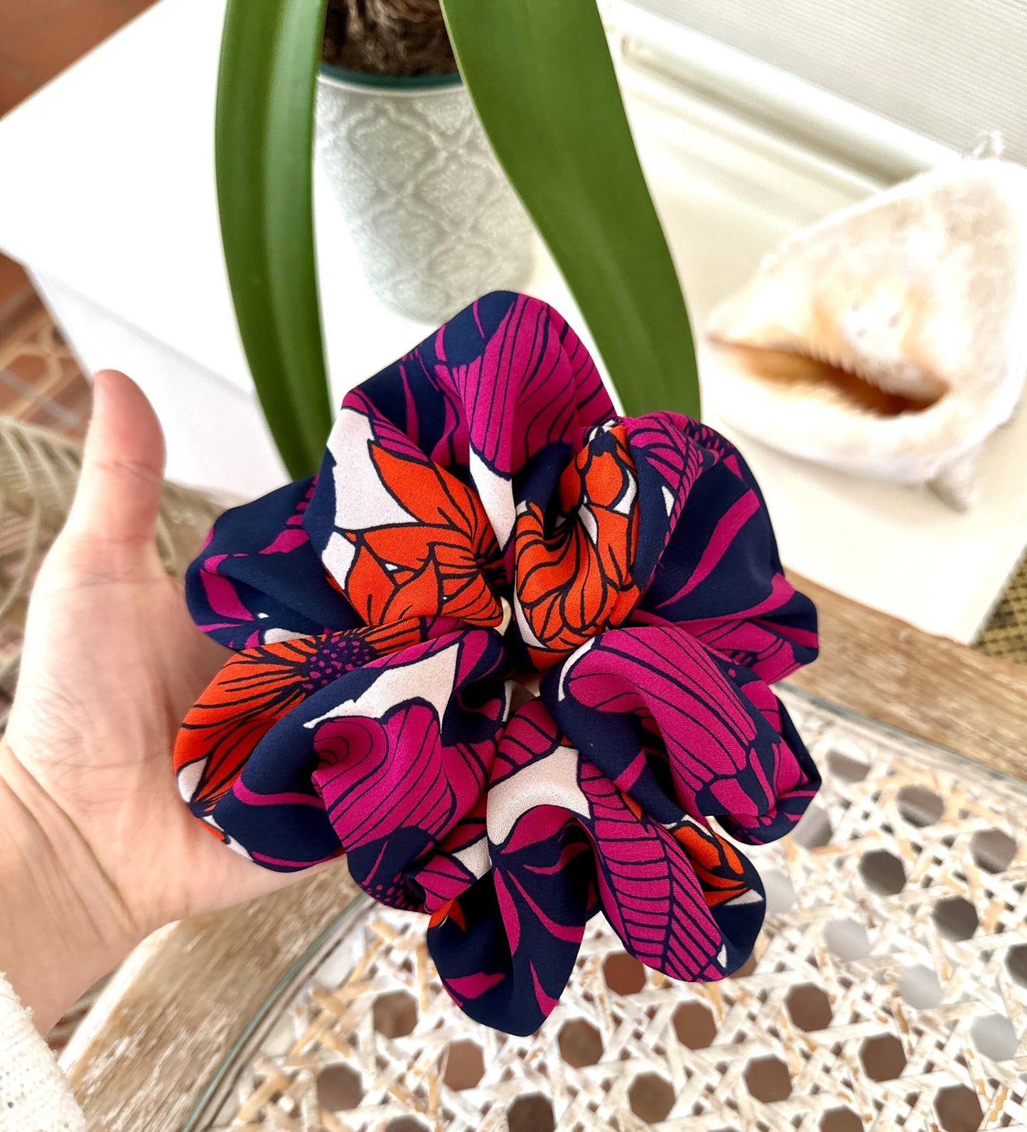 Large floral print hair scrunchie in pink and orange