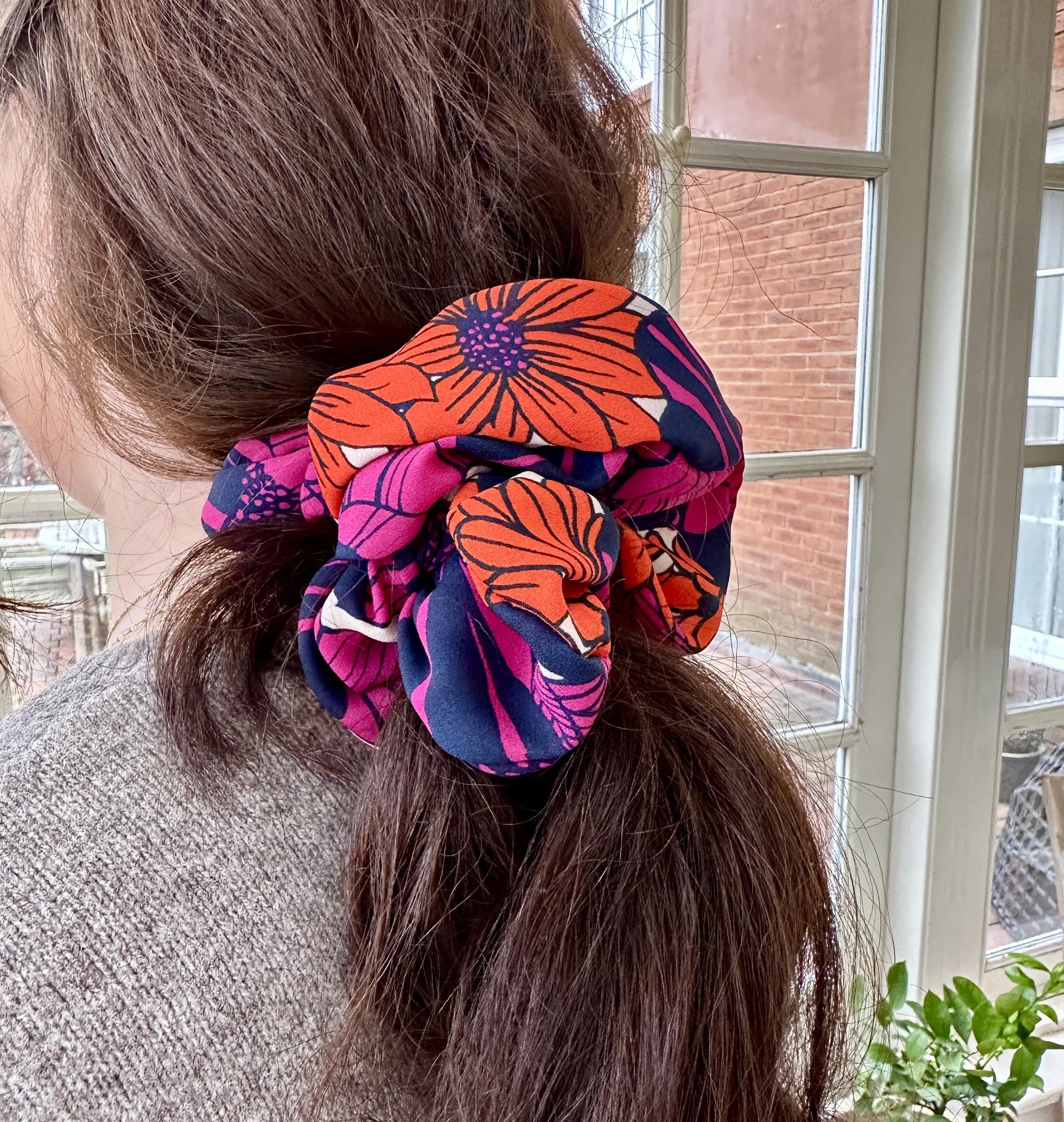 Large floral print hair scrunchie in pink and orange