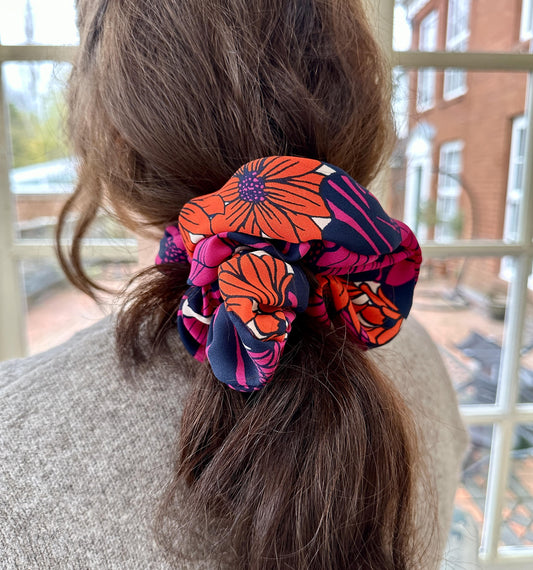 Large floral print hair scrunchie in pink and orange