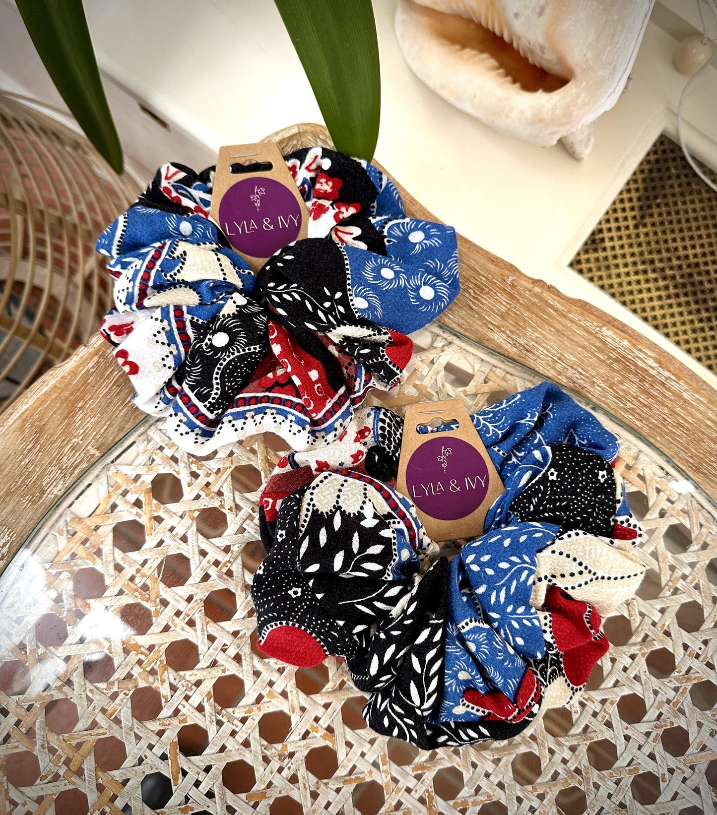 Big boho printed scrunchie in blue, red, white and black