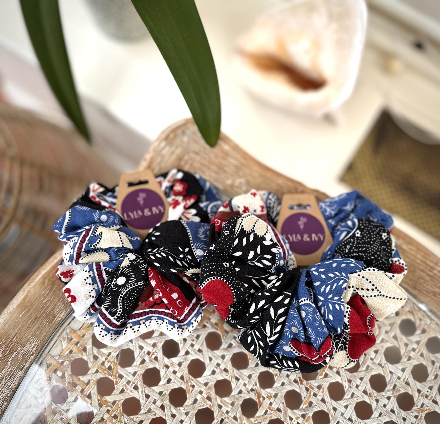 Big boho printed scrunchie in blue, red, white and black