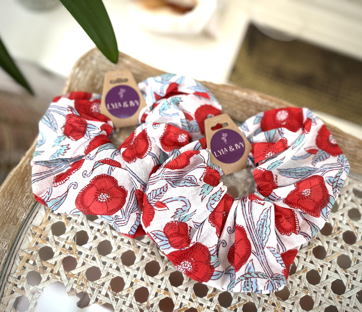 Giant block printed floral scrunchies in white and red