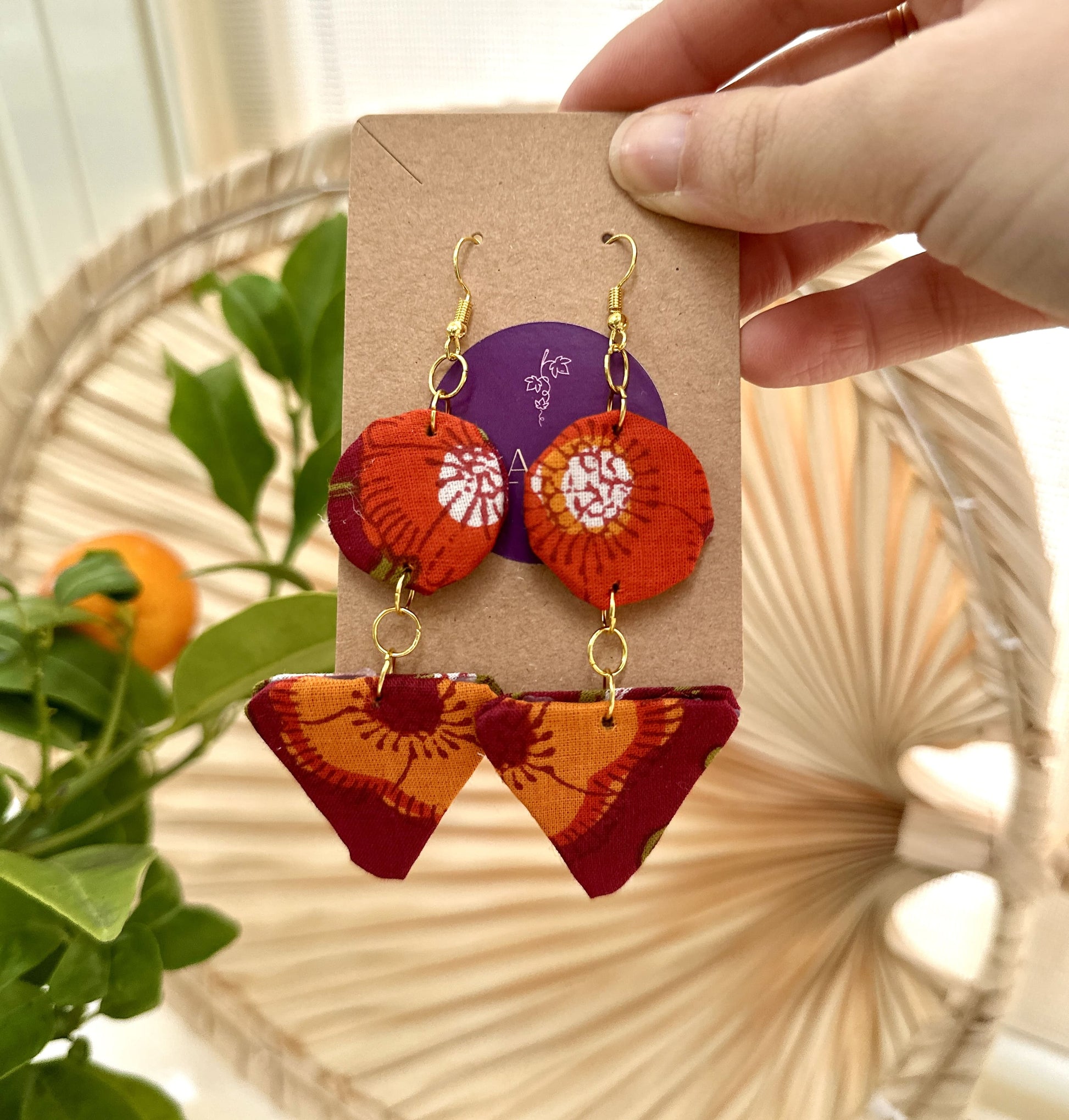 Large red/orange floral fabric dangle earrings