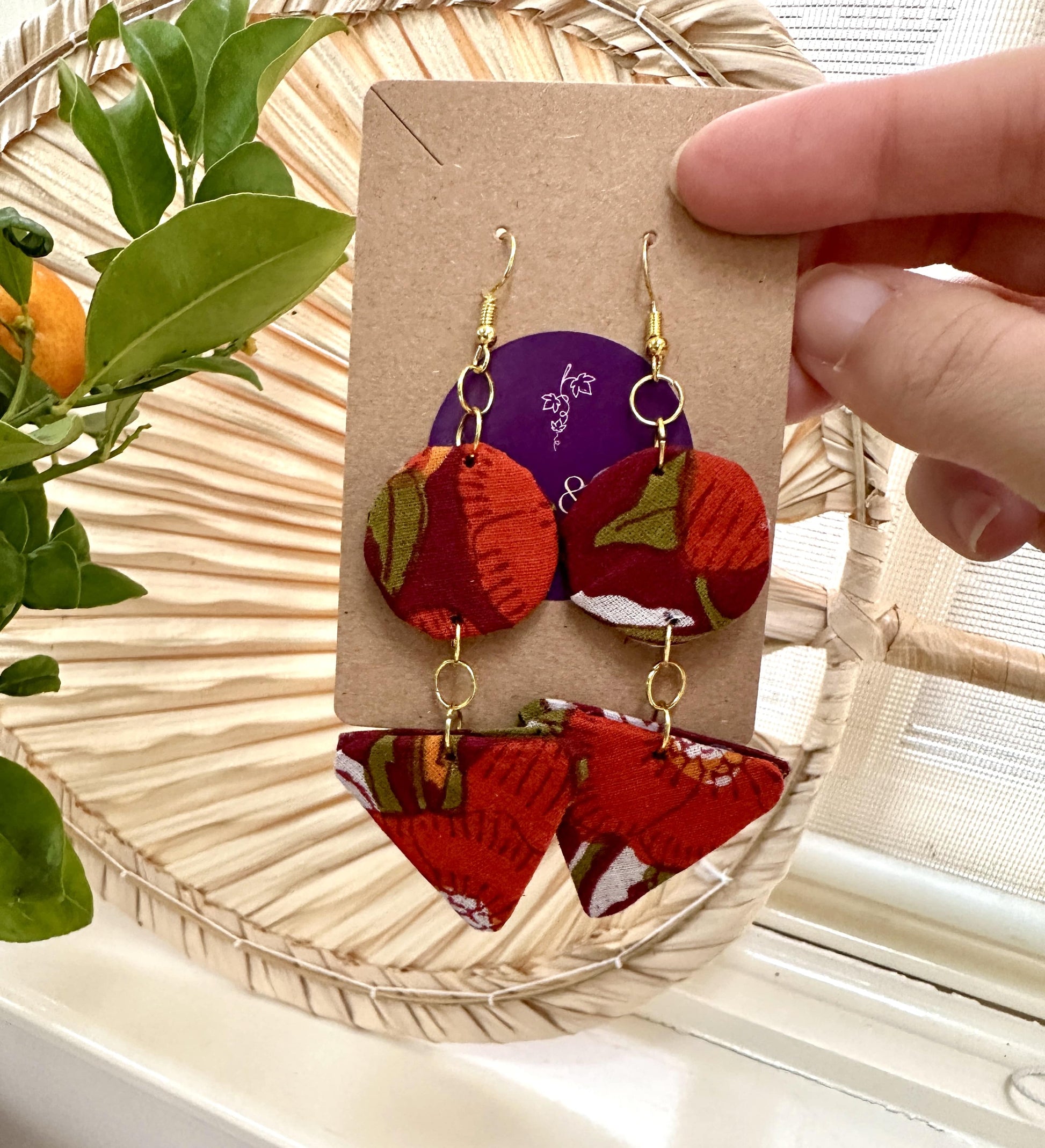 Large red/orange floral fabric dangle earrings