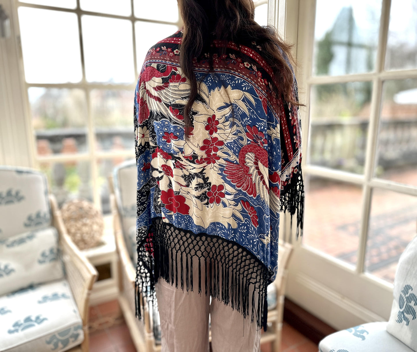 Peacock print boho tassel kimono