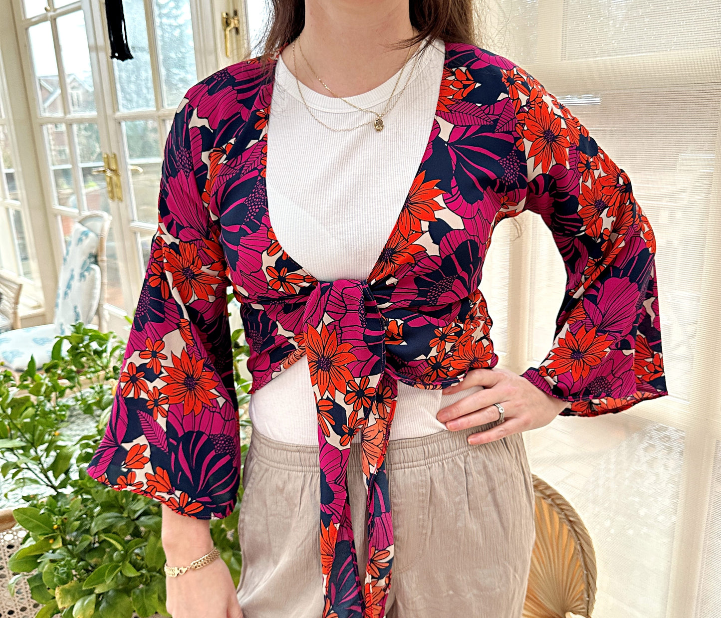 floral tie front blouse with flared sleeves, in pink and orange