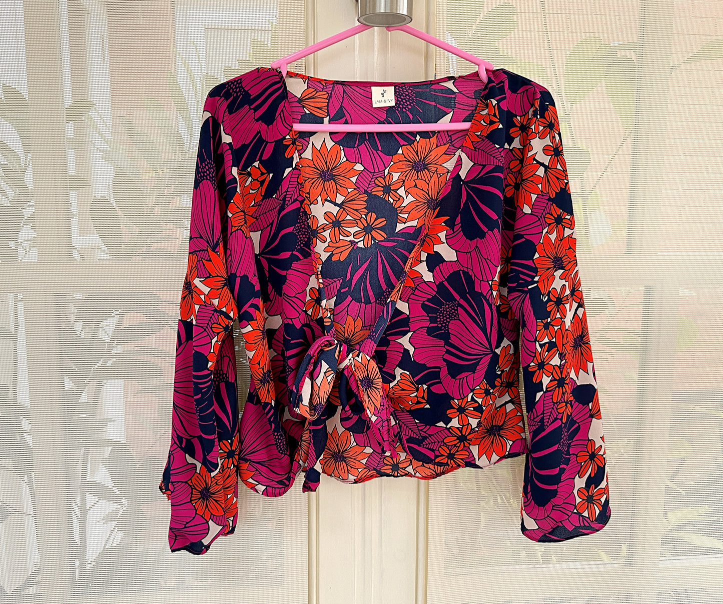 floral tie front blouse with flared sleeves, in pink and orange