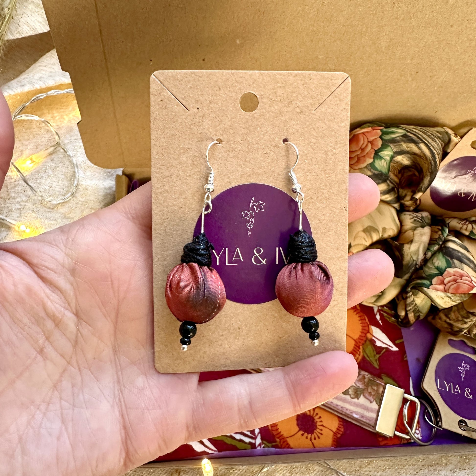 fabric satin dangly earrings in burgundy and black