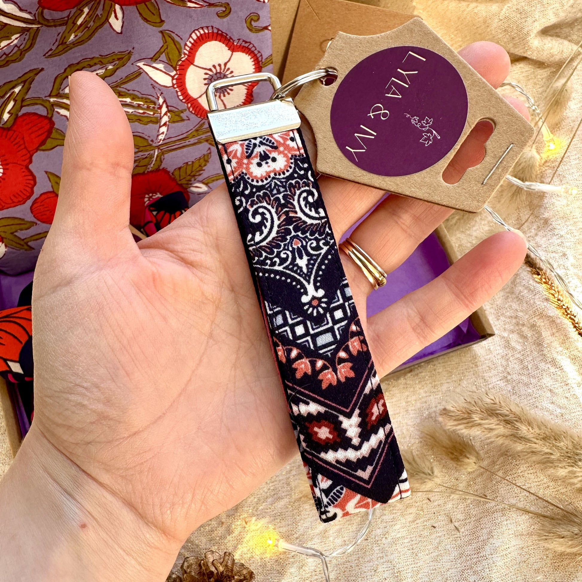 navy paisley boho fabric keyring