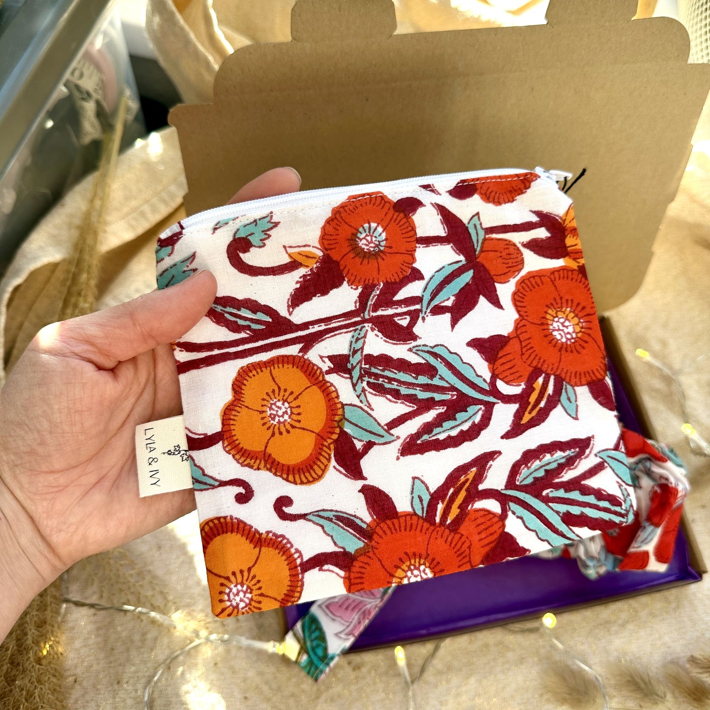 white, red and orange floral cotton ip coin purse