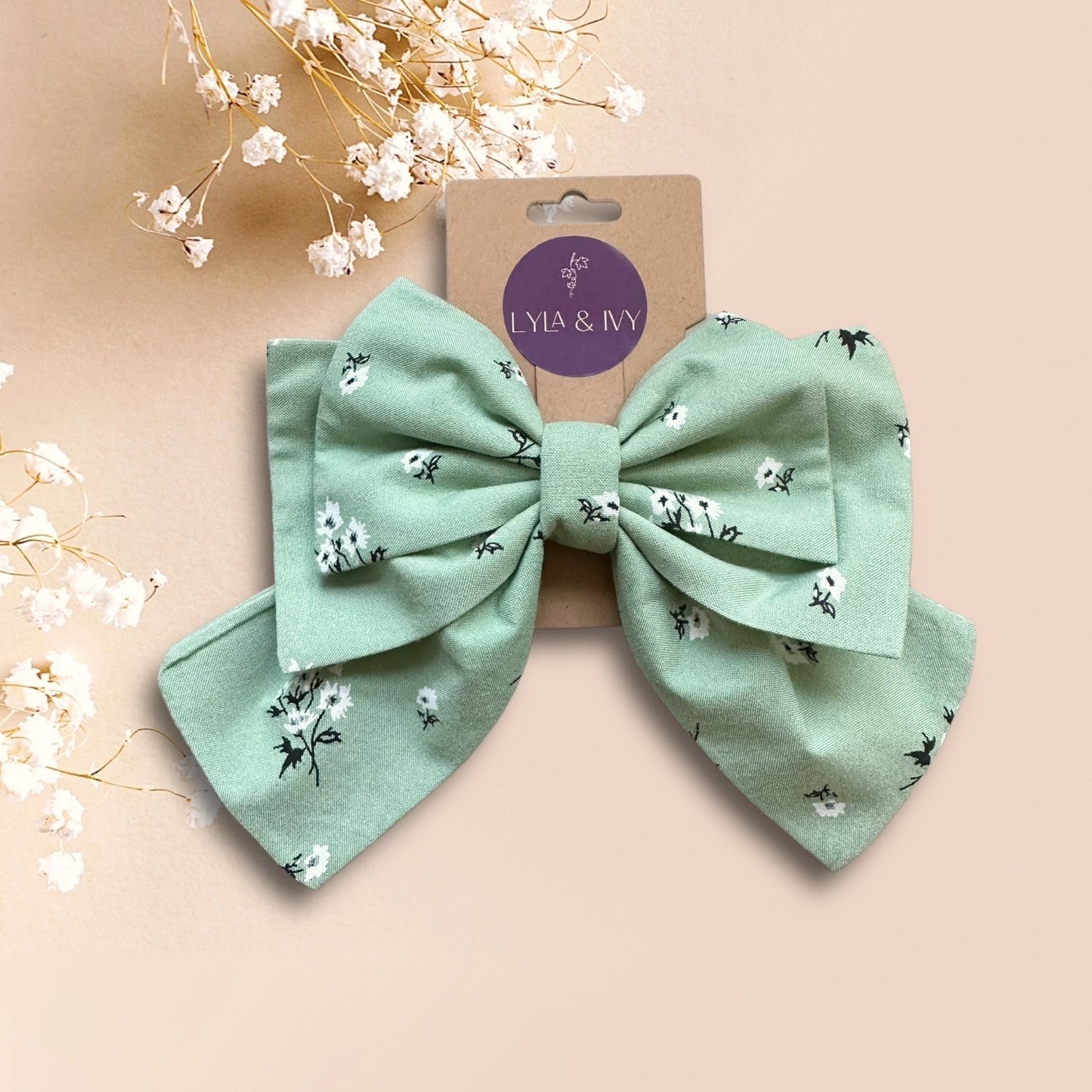 Mint green floral hair bow clip- large