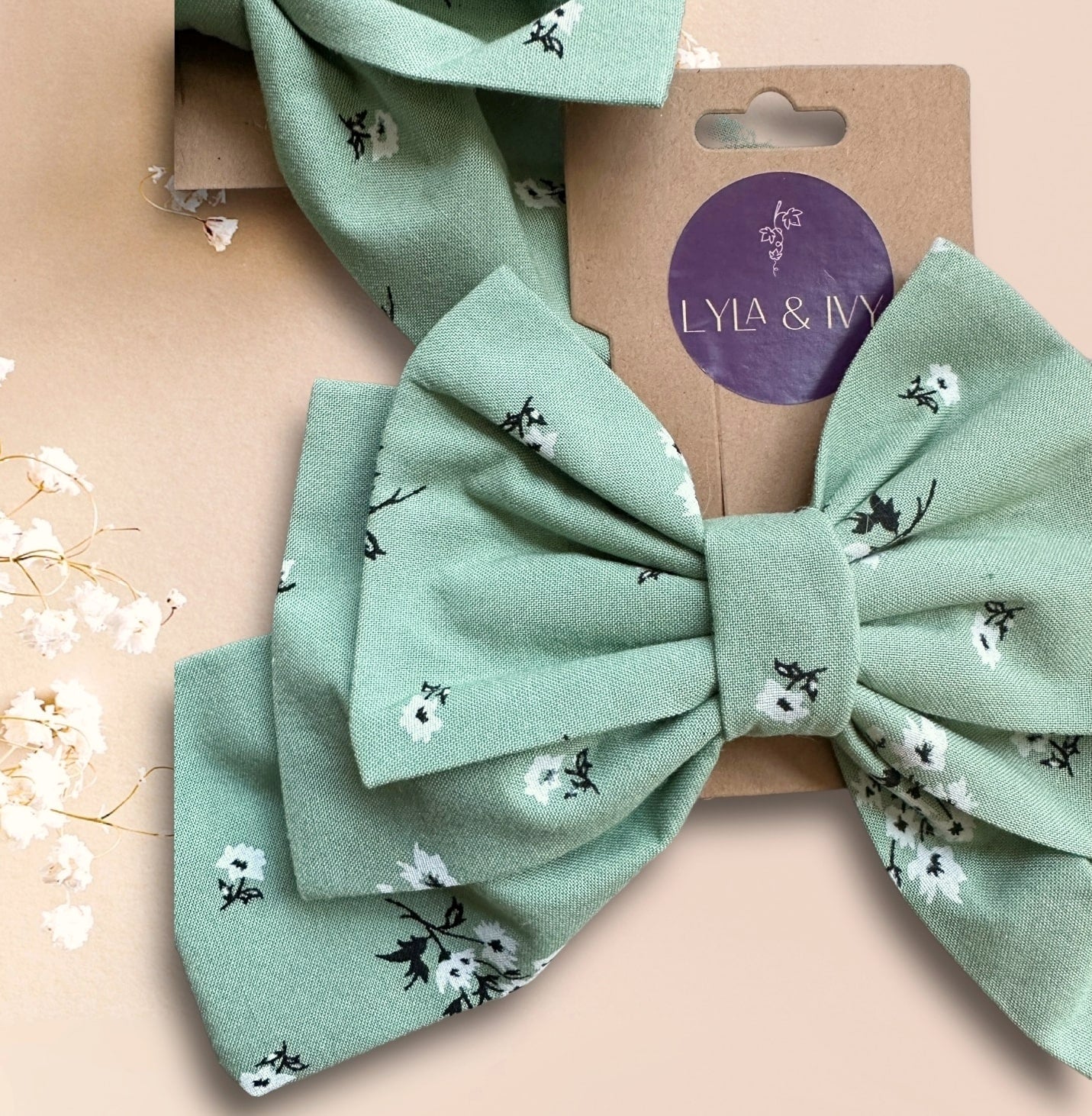 Mint green floral hair bow clip- large