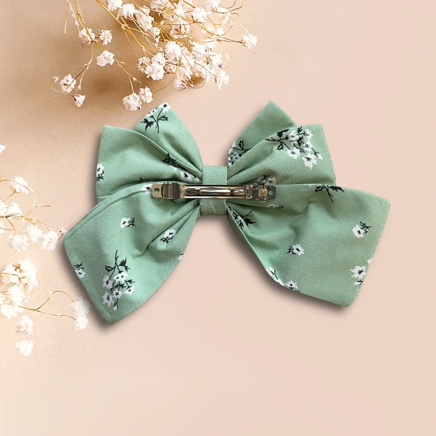 Mint green floral hair bow clip- large